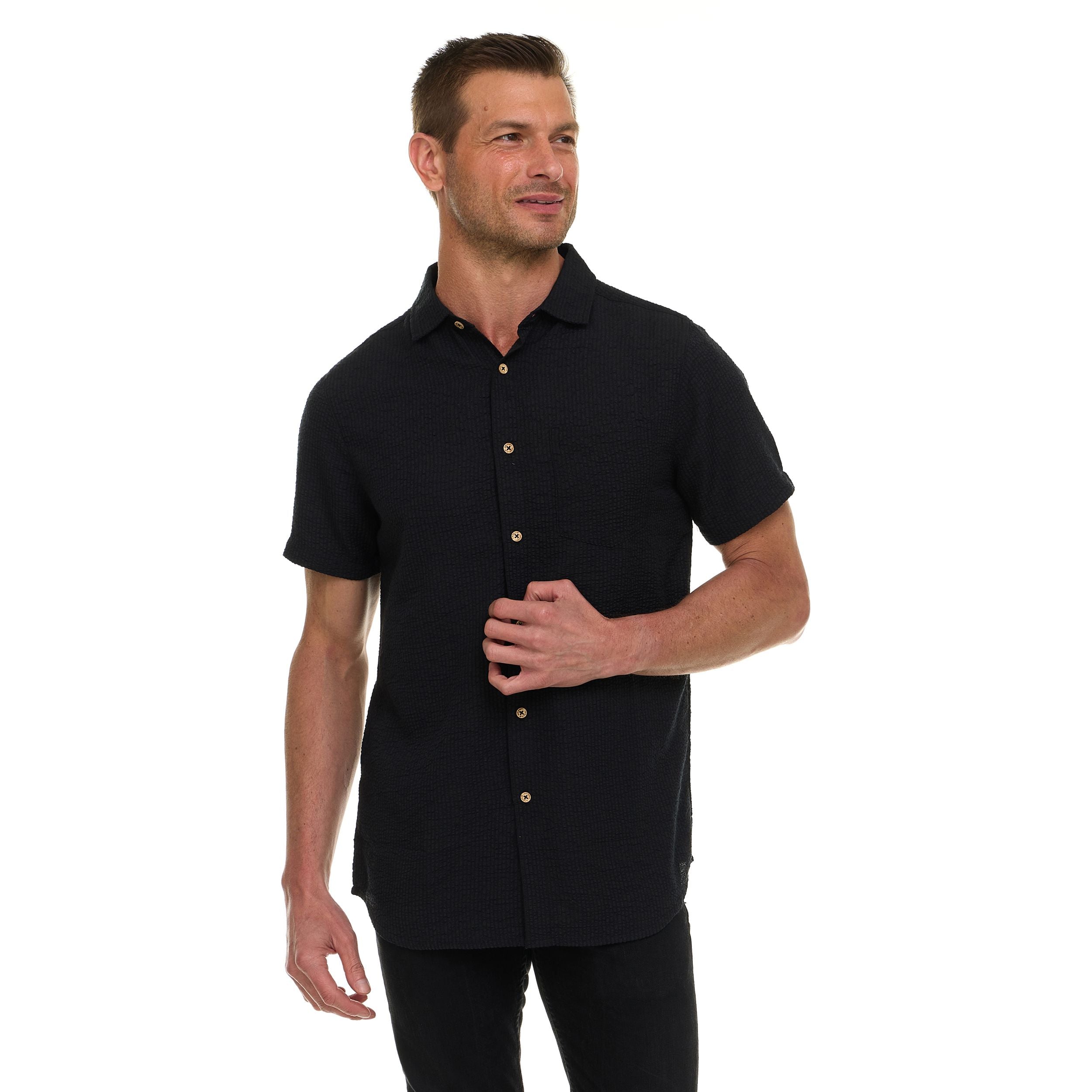 Canada Weather Gear Men’s Seersucker Button-Down Shirt – Short Sleeve Solid Textured Short Sleeve Shirt with Chest Pocket