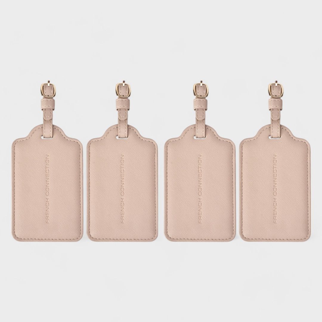 French Connection 4-Pack Premium Luggage Tags - Durable Faux Leather Travel ID Labels with Secure Buckle