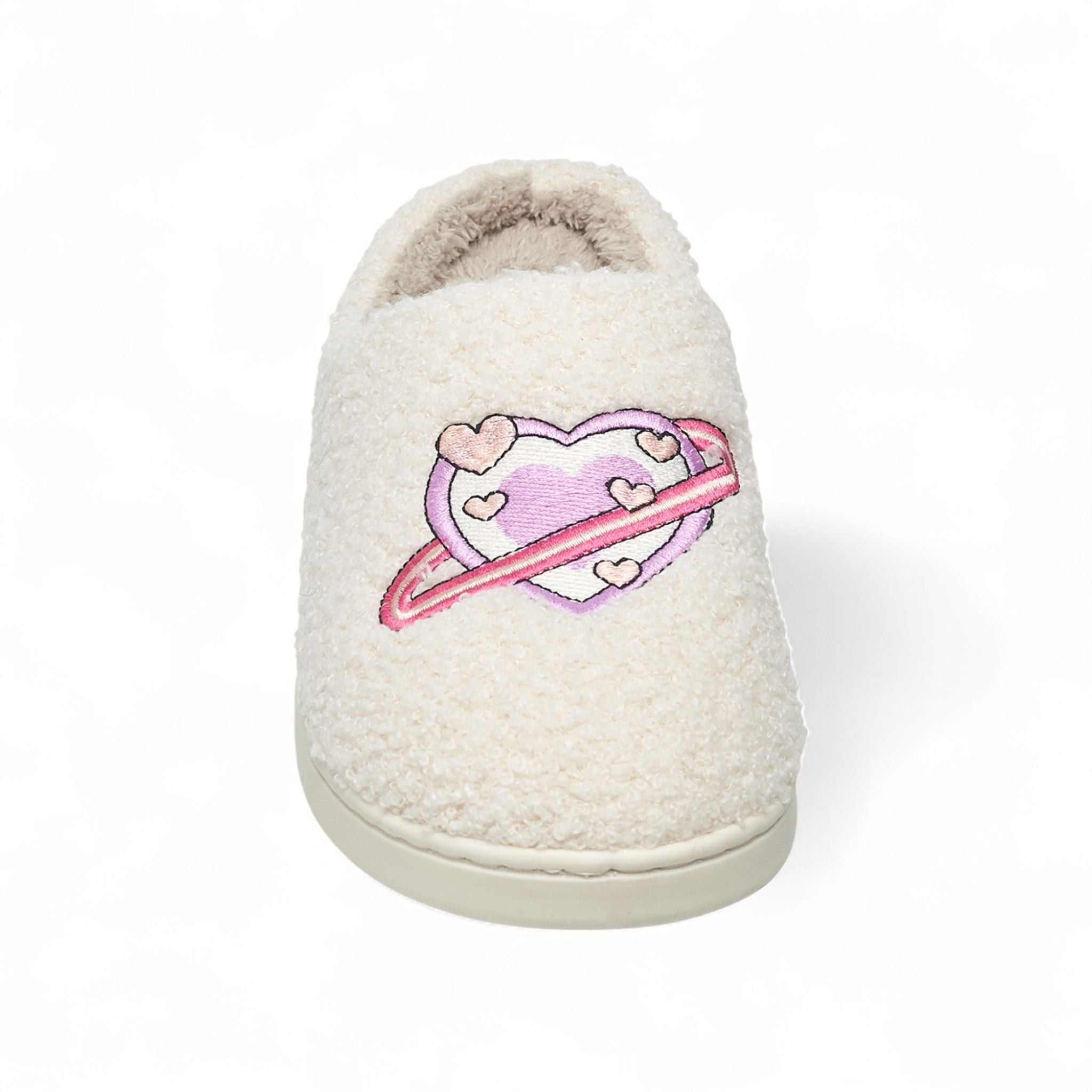 Aéropostale Women’s Fuzzy “Pink Heart-Planet” Mule Slippers – Ivory Slip-On House Shoes with Pastel Planet-Heart Embroidery