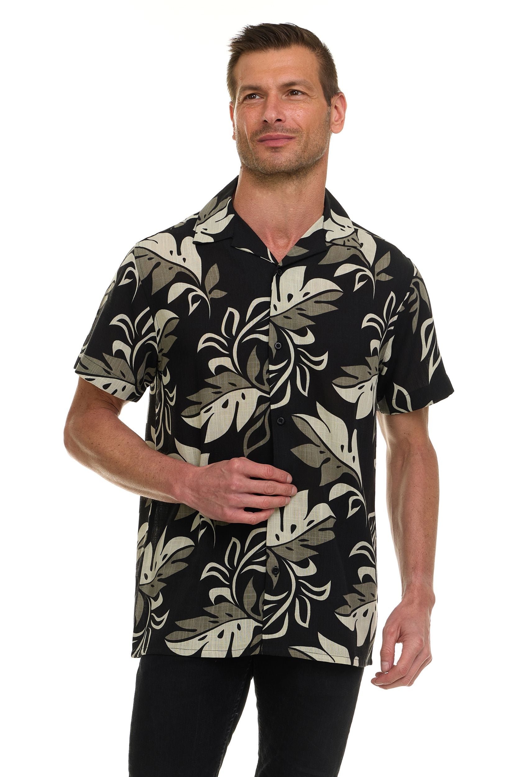 Super Triple Goose Men’s Short Sleeve Linen-Look Resort Shirt – Lightweight Button-Down Camp Shirt with Tropical Prints