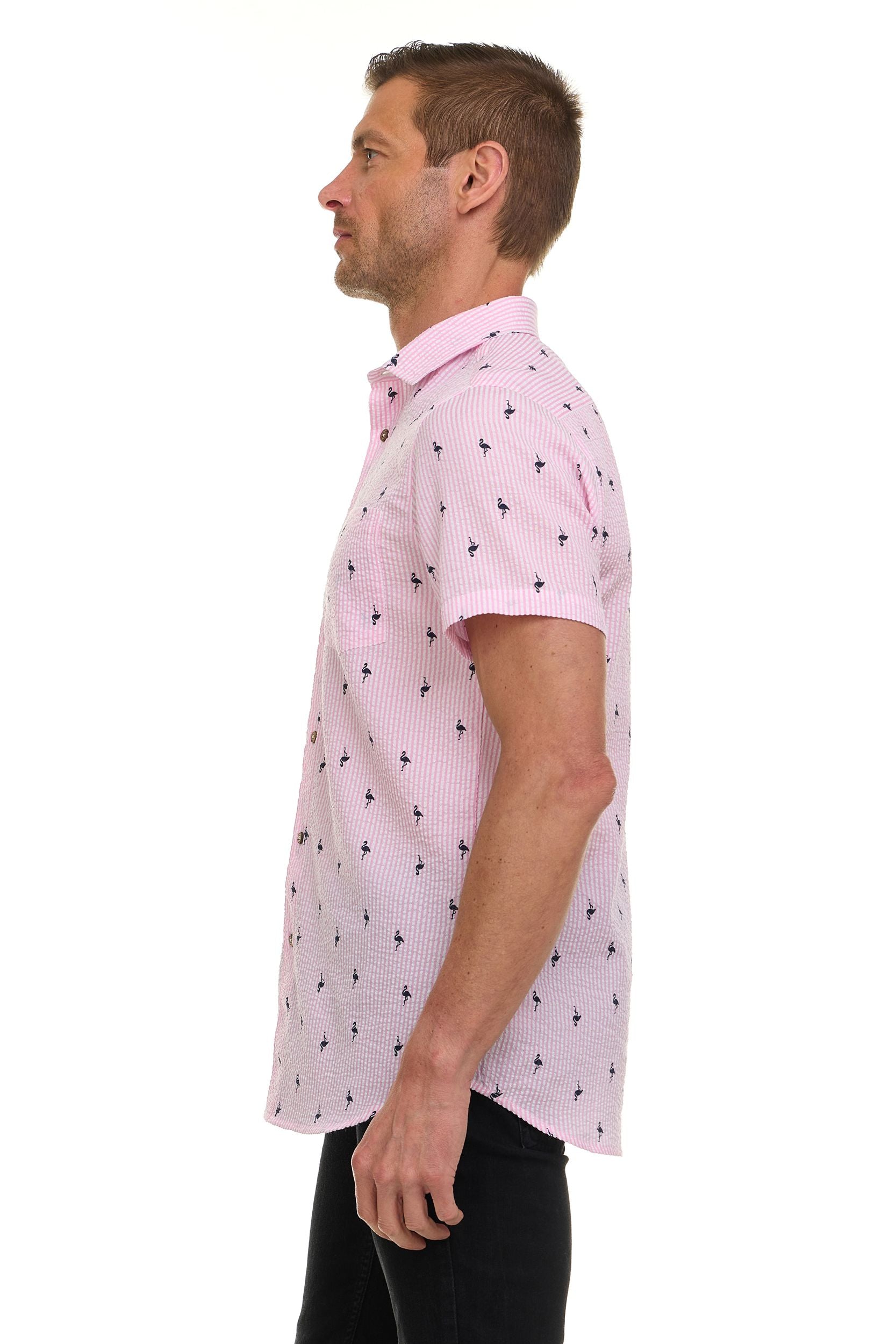 Canada Weather Gear Men’s Seersucker Short Sleeve Shirt with Allover Palm Print – Lightweight Button-Down Casual Shirt