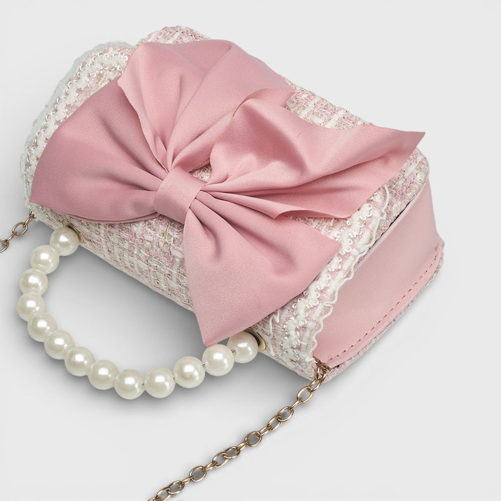 Willow & Ruby Girls' Pink Tweed Bow Crossbody Bag with Pearl Handle