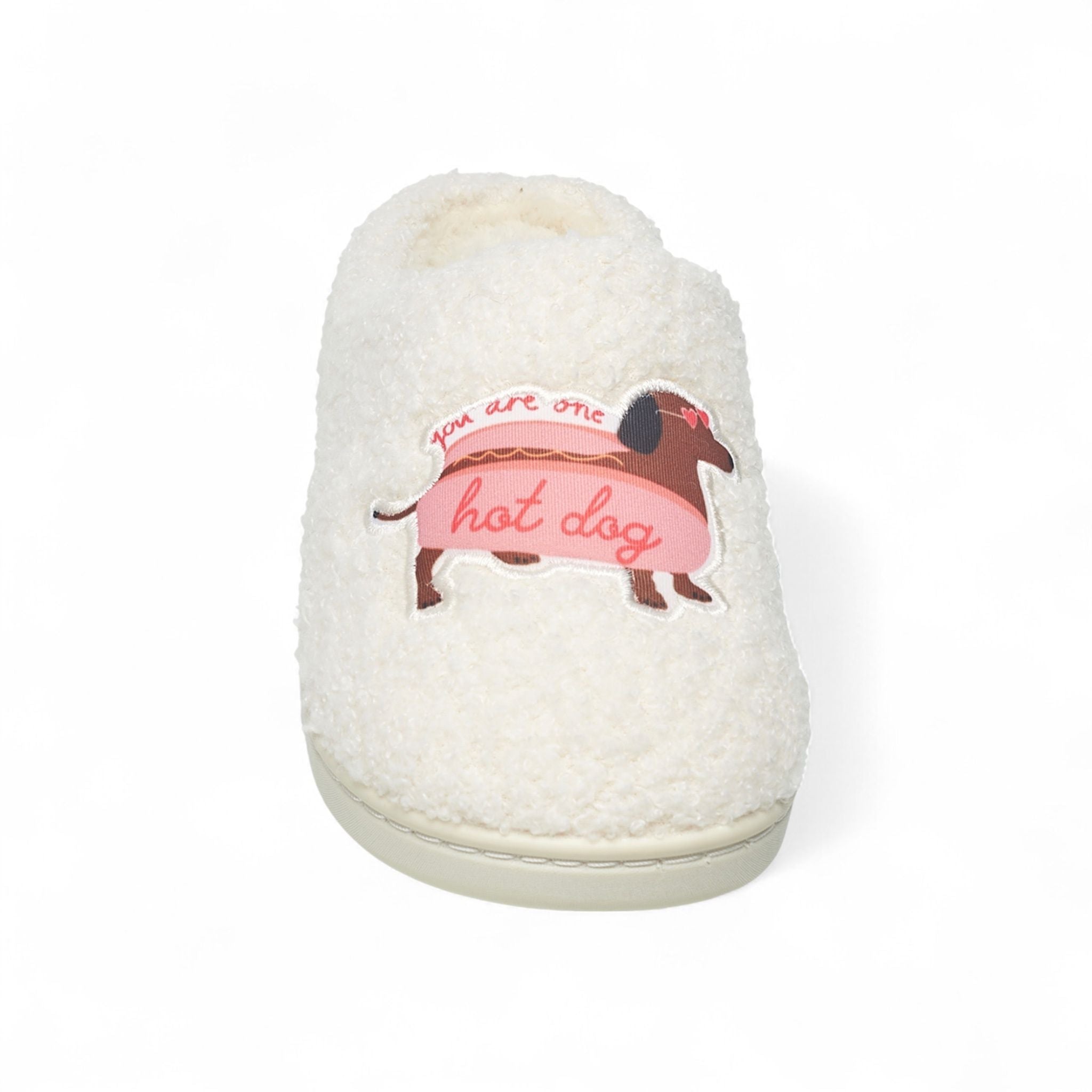 Aéropostale Women’s Fuzzy “Hot Dog Dachshund” Mule Slippers – Ivory Slip-On House Shoes with Playful Sausage-Dog & Pun Embroidery