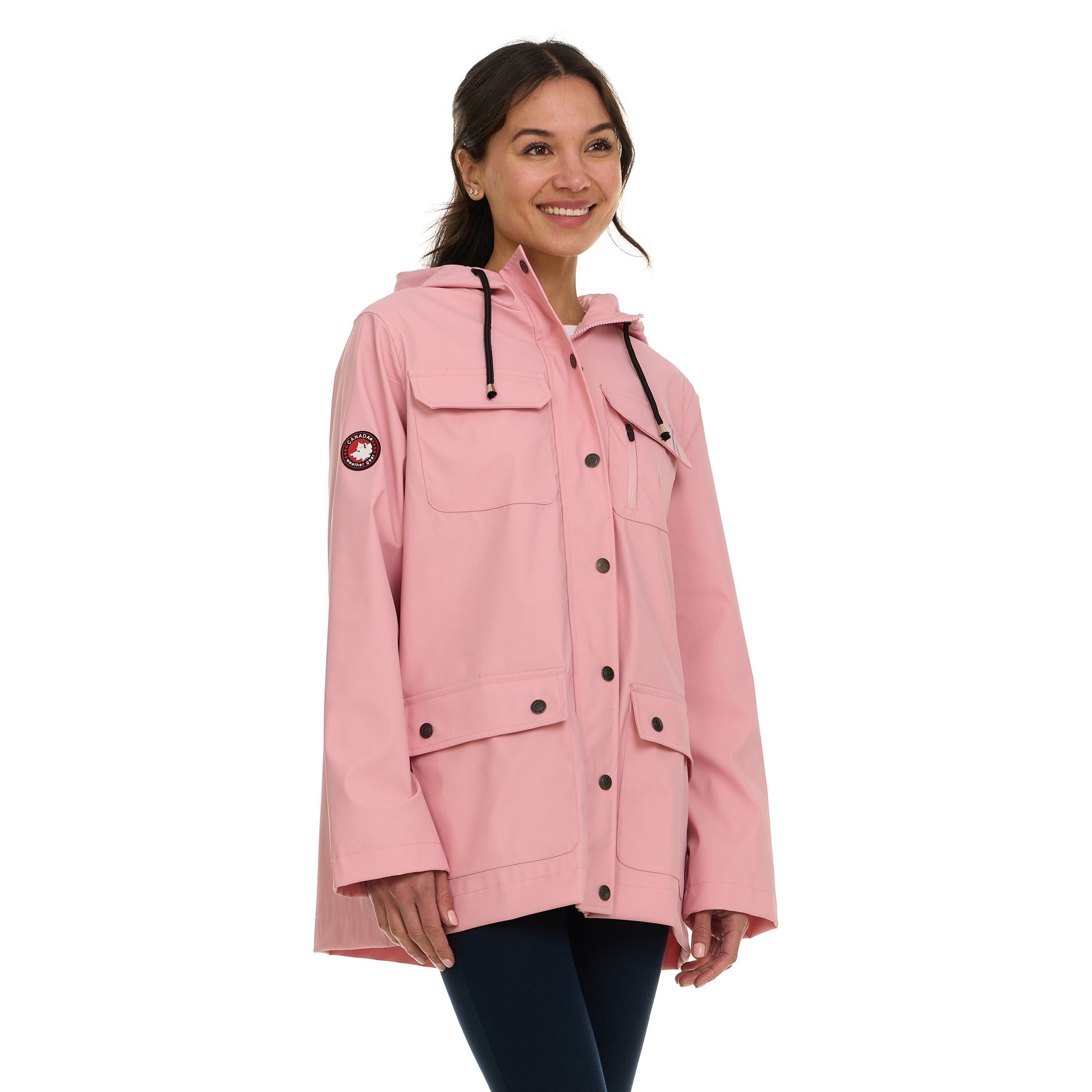 Canada Weather Gear Women's Waterproof Rain Coat with Hood – Lightweight Outdoor Rain Jacket with Front Pockets & Snap Closure