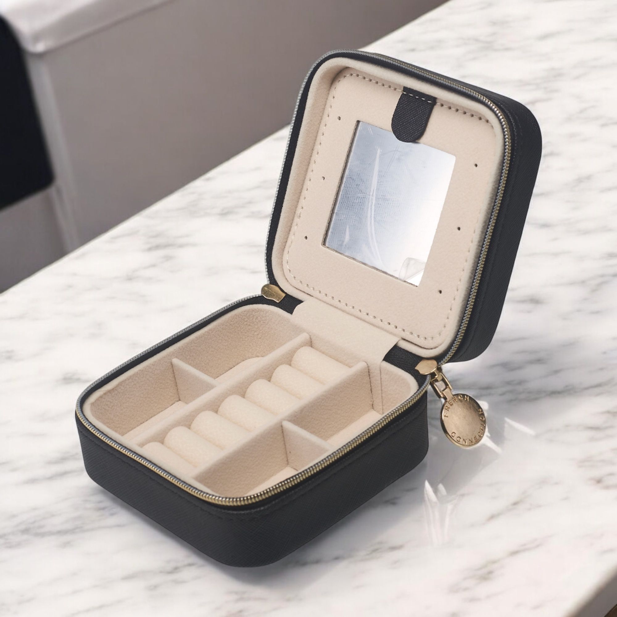 French Connection Small Travel Accessory Organizer with Mirror – Compact Jewelry Storage Box, Faux Leather