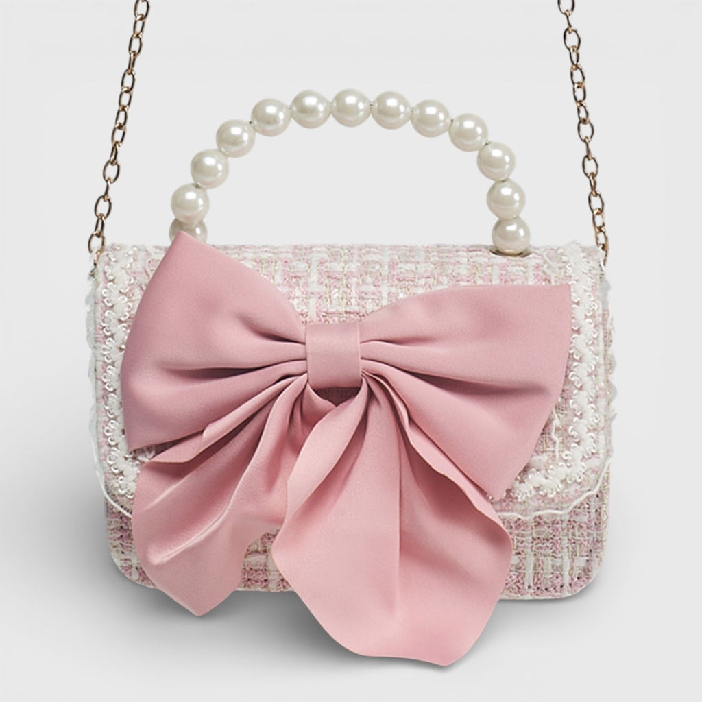 Willow & Ruby Girls' Pink Tweed Bow Crossbody Bag with Pearl Handle