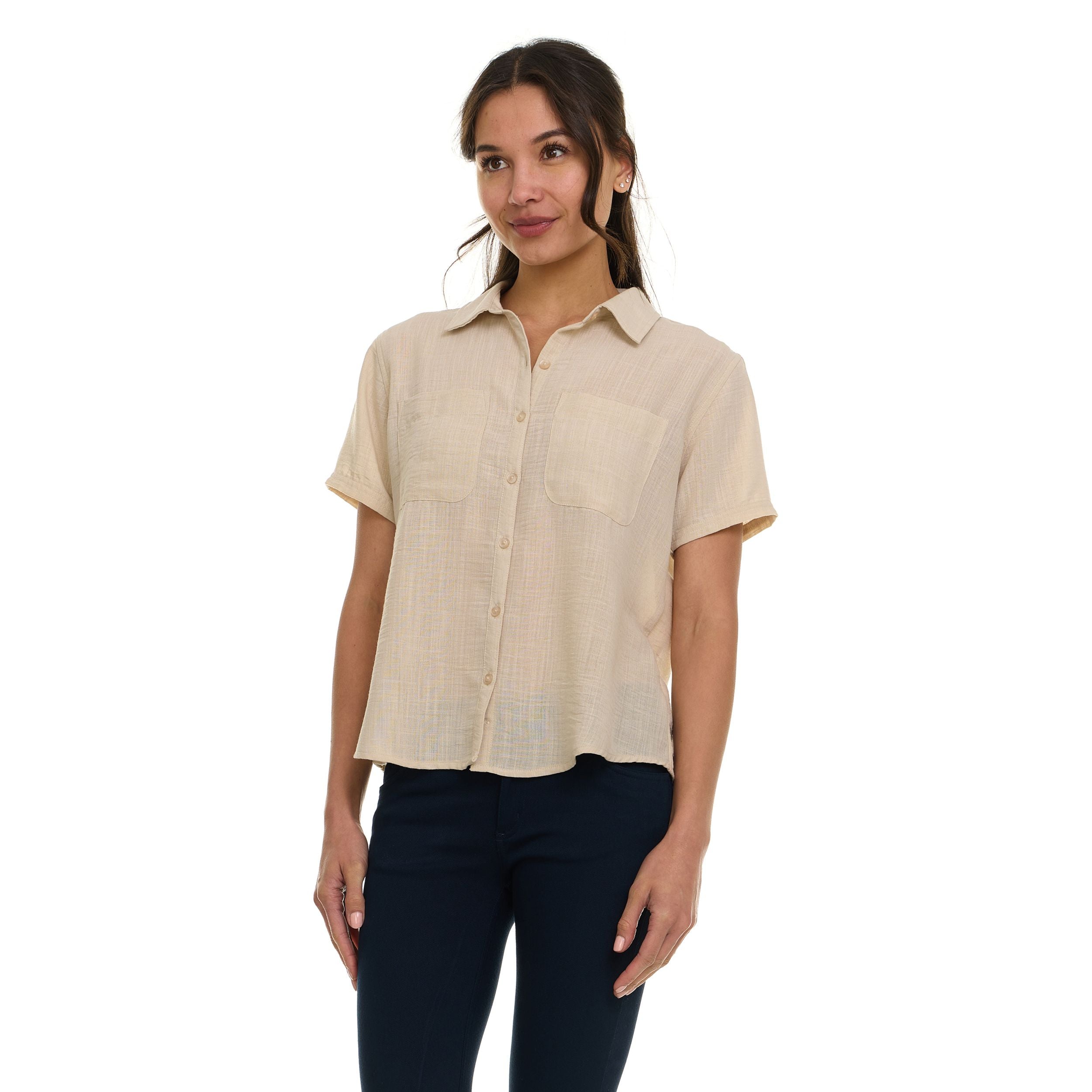 Super Triple Goose Women’s Short Sleeve Linen Shirt – Lightweight Button-Up Collared Blouse with Front Pockets