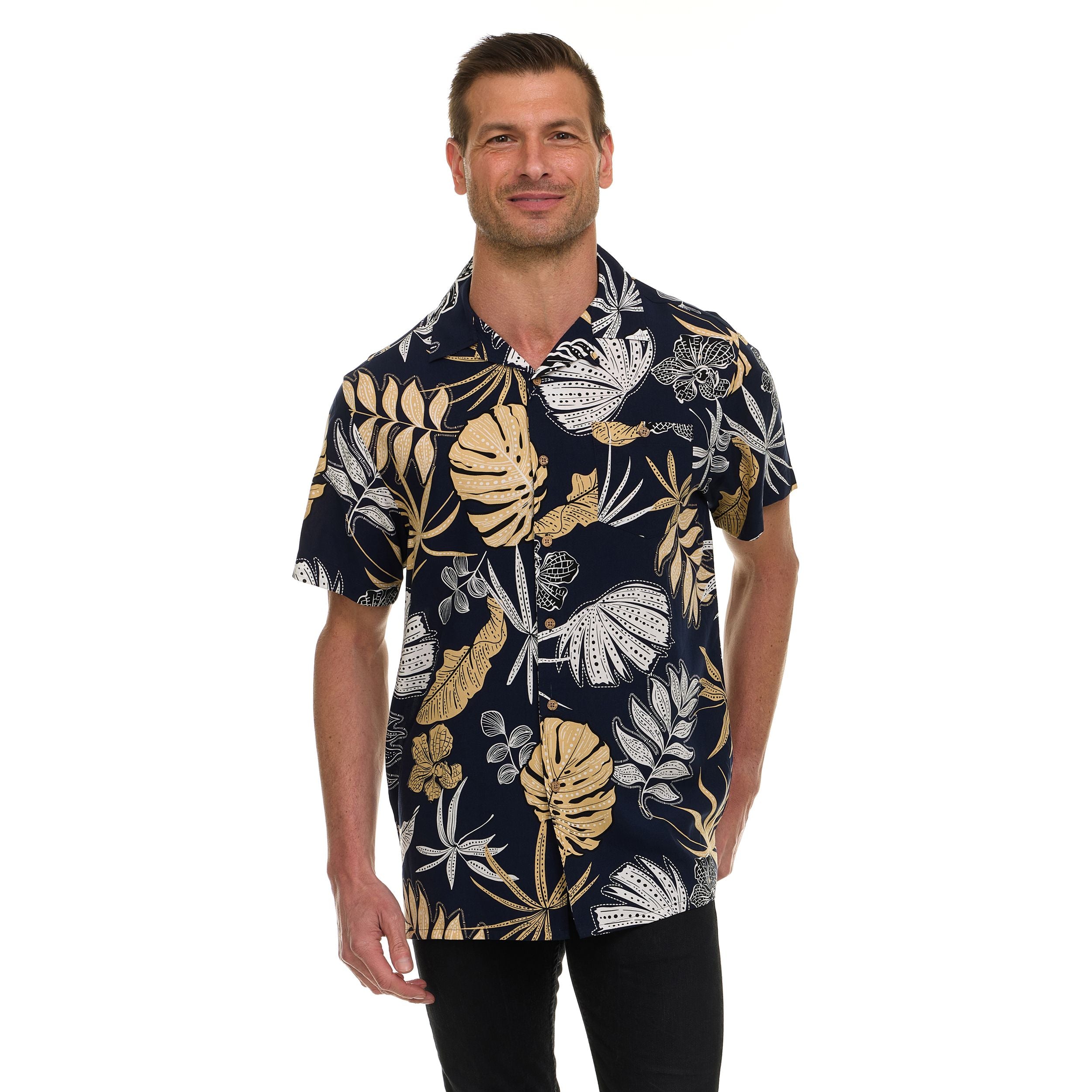 Super Triple Goose Men’s Printed Rayon Camp Collar Shirt - Soft Feel, Moisture-Wicking, Easy Care