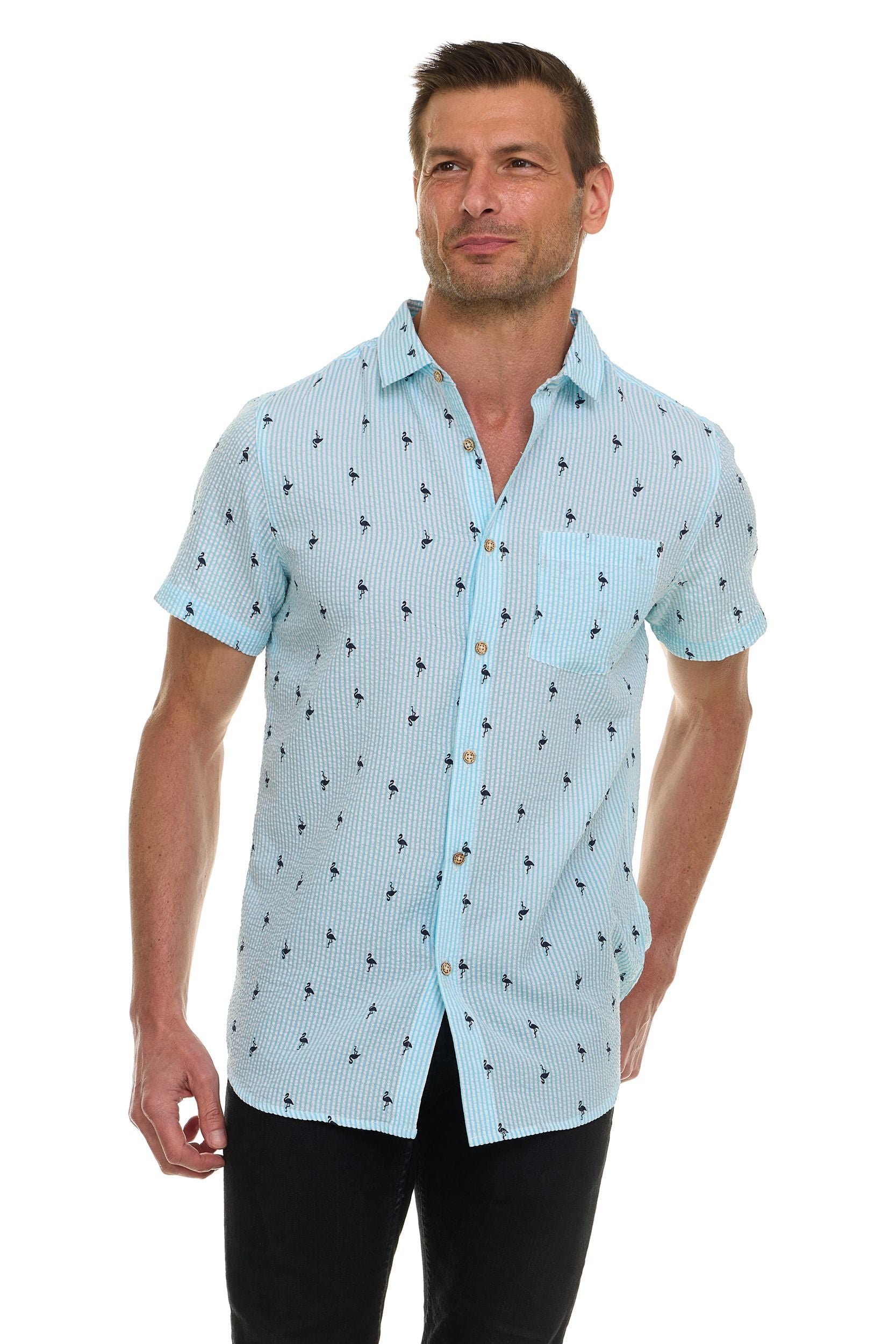 Canada Weather Gear Men’s Seersucker Short Sleeve Shirt with Allover Palm Print – Lightweight Button-Down Casual Shirt