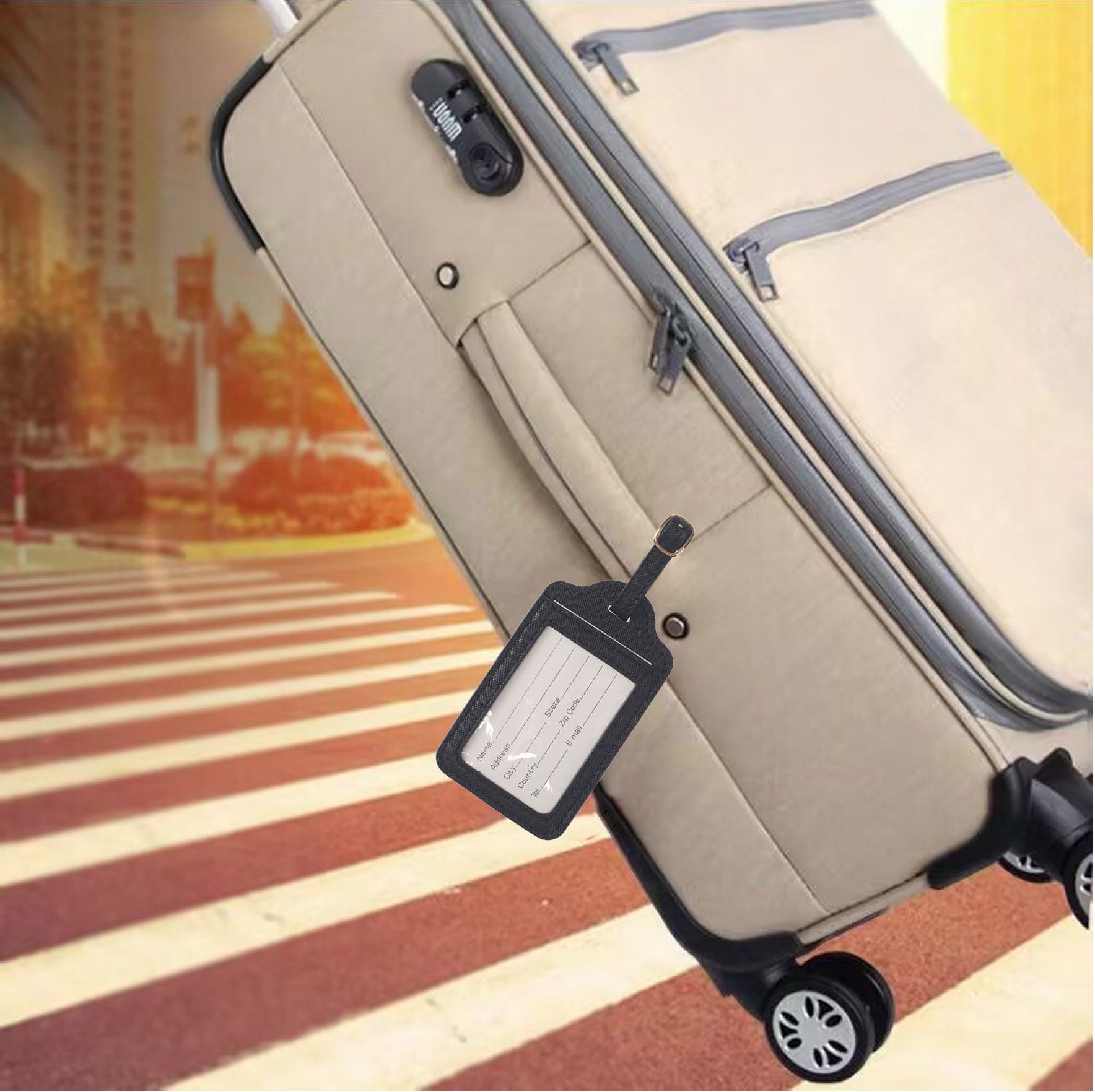 French Connection 4-Pack Premium Luggage Tags - Durable Faux Leather Travel ID Labels with Secure Buckle