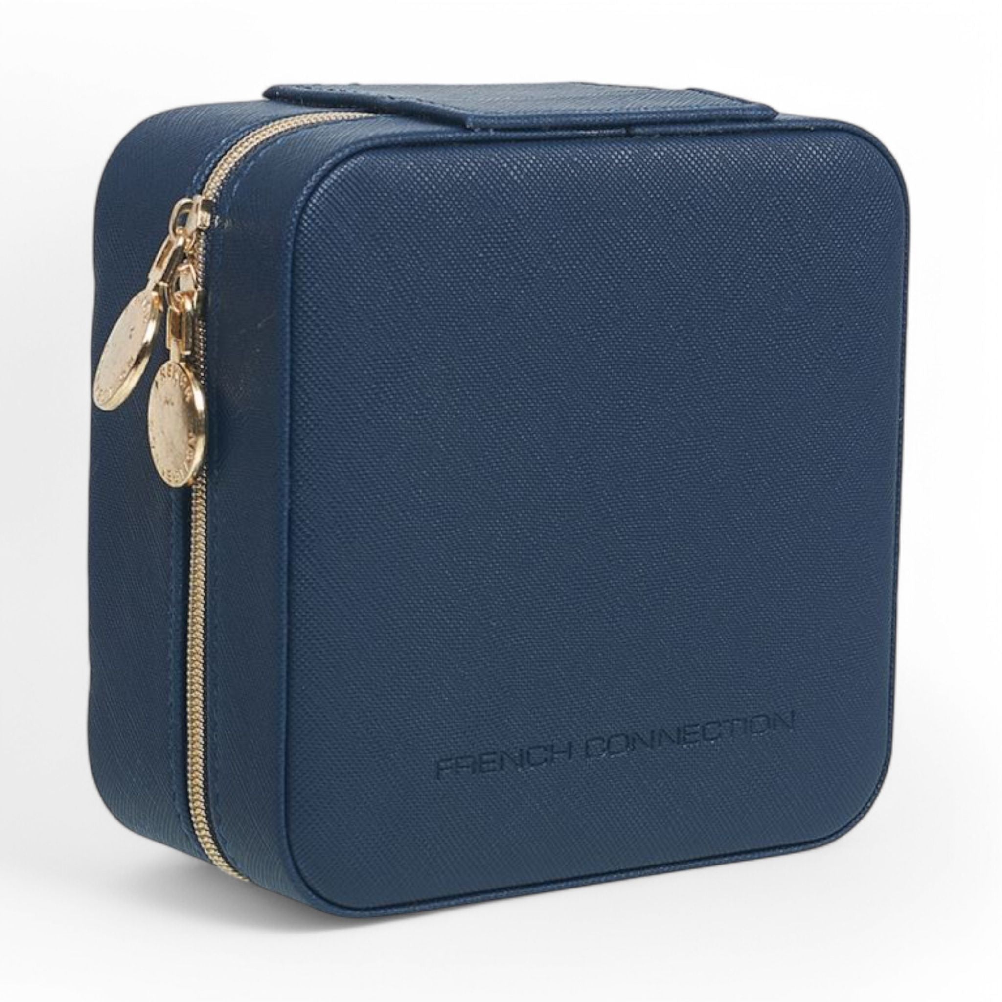French Connection Large Travel Jewelry Box Organizer with Mirror – Faux Leather Storage for Rings, Earrings, Necklaces & Bracelets