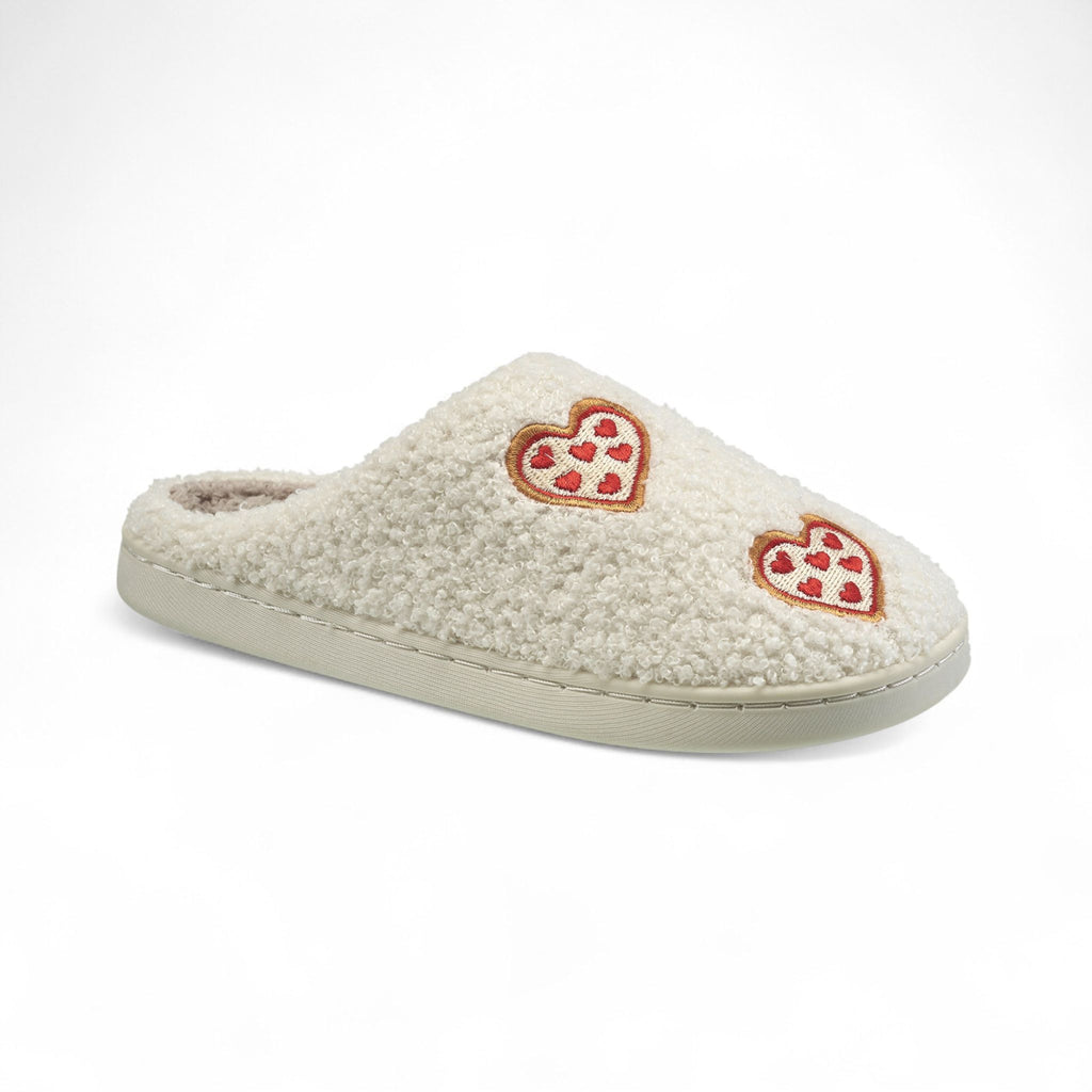 Aéropostale Women’s Fuzzy Pizza-Heart Mule Slippers – Ivory Slip-On House Shoes with Pepperoni Heart Embroidery & Non-Slip Outsole in Large