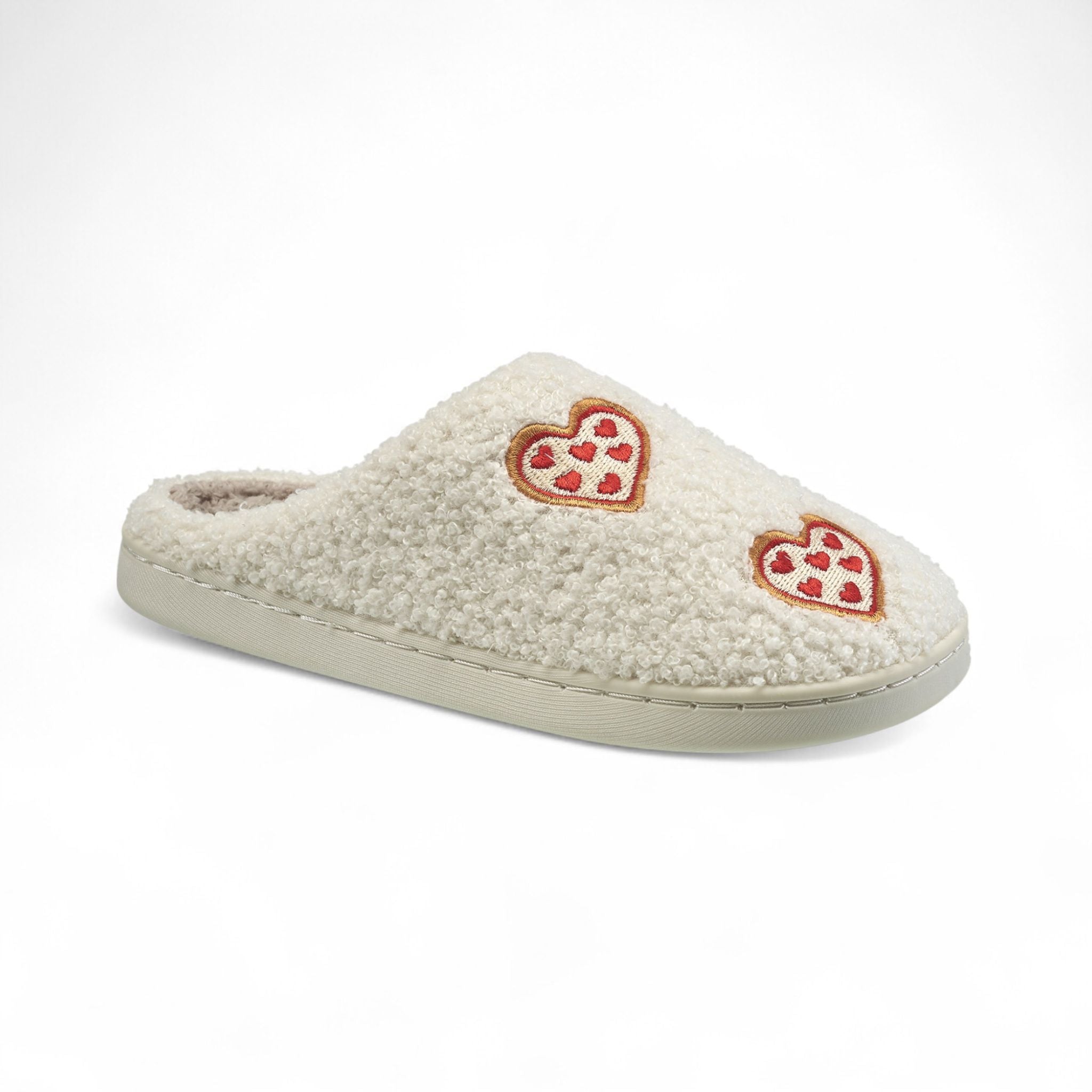 Aéropostale Women’s Fuzzy Pizza-Heart Mule Slippers – Ivory Slip-On House Shoes with Pepperoni Heart Embroidery & Non-Slip Outsole in Large