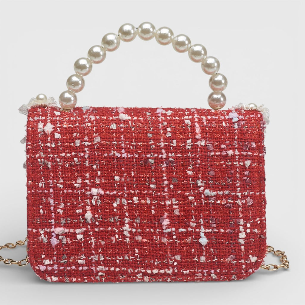 Willow & Ruby Girl's Tweed Mini Handbag with Pearl Handle in Red