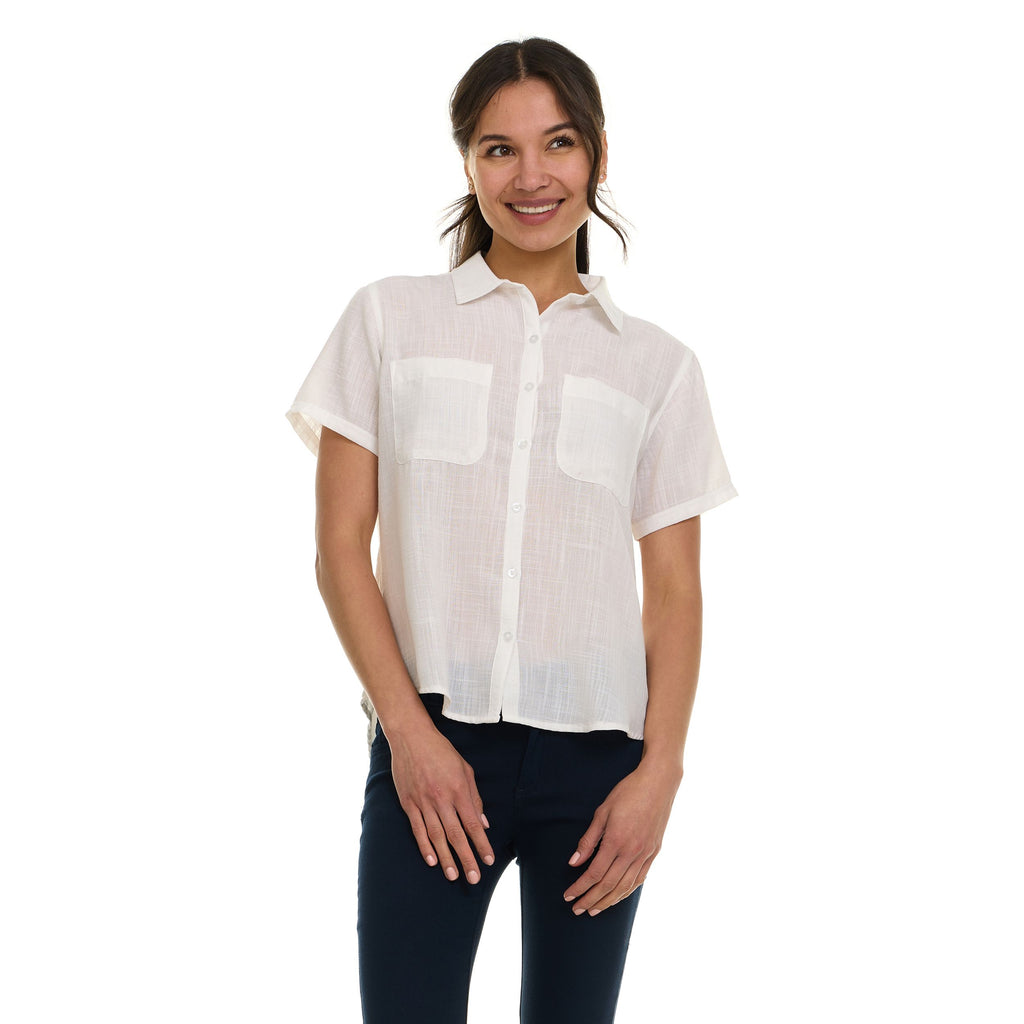 Super Triple Goose Women’s Short Sleeve Linen Shirt – Lightweight Button-Up Collared Blouse with Front Pockets