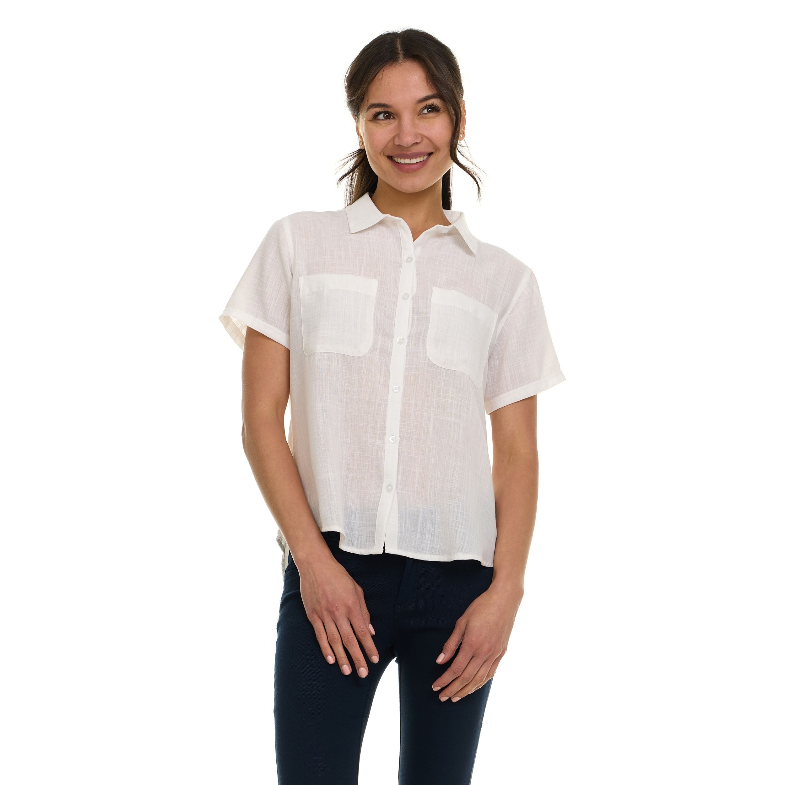 Super Triple Goose Women’s Short Sleeve Linen Shirt – Lightweight Button-Up Collared Blouse with Front Pockets