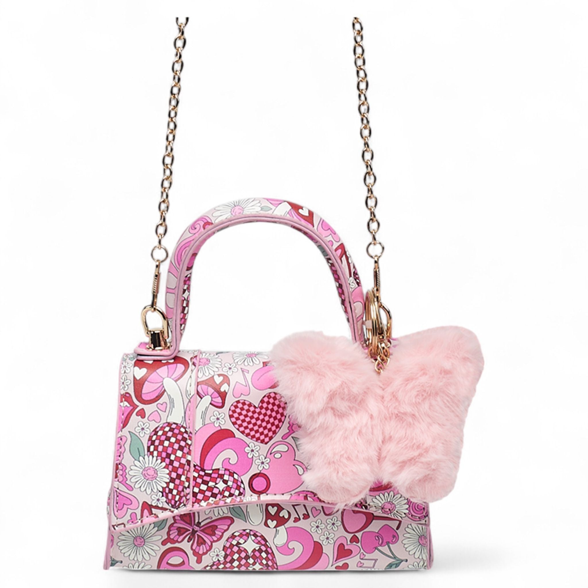 Willow & Ruby Girls' Mini Groovy Love & Peace Print Top Handle Crossbody Bag with Fluffy Butterfly Charm
