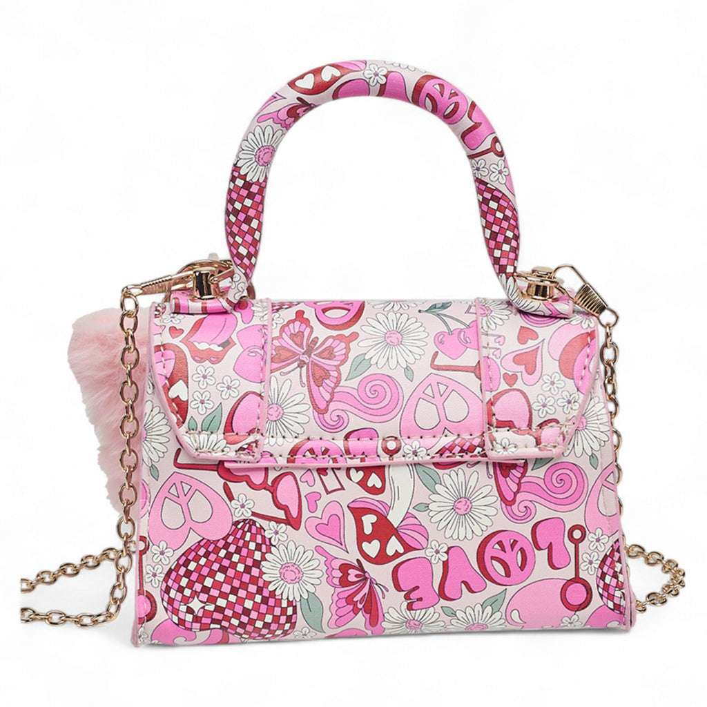 Willow & Ruby Girls' Mini Groovy Love & Peace Print Top Handle Crossbody Bag with Fluffy Butterfly Charm