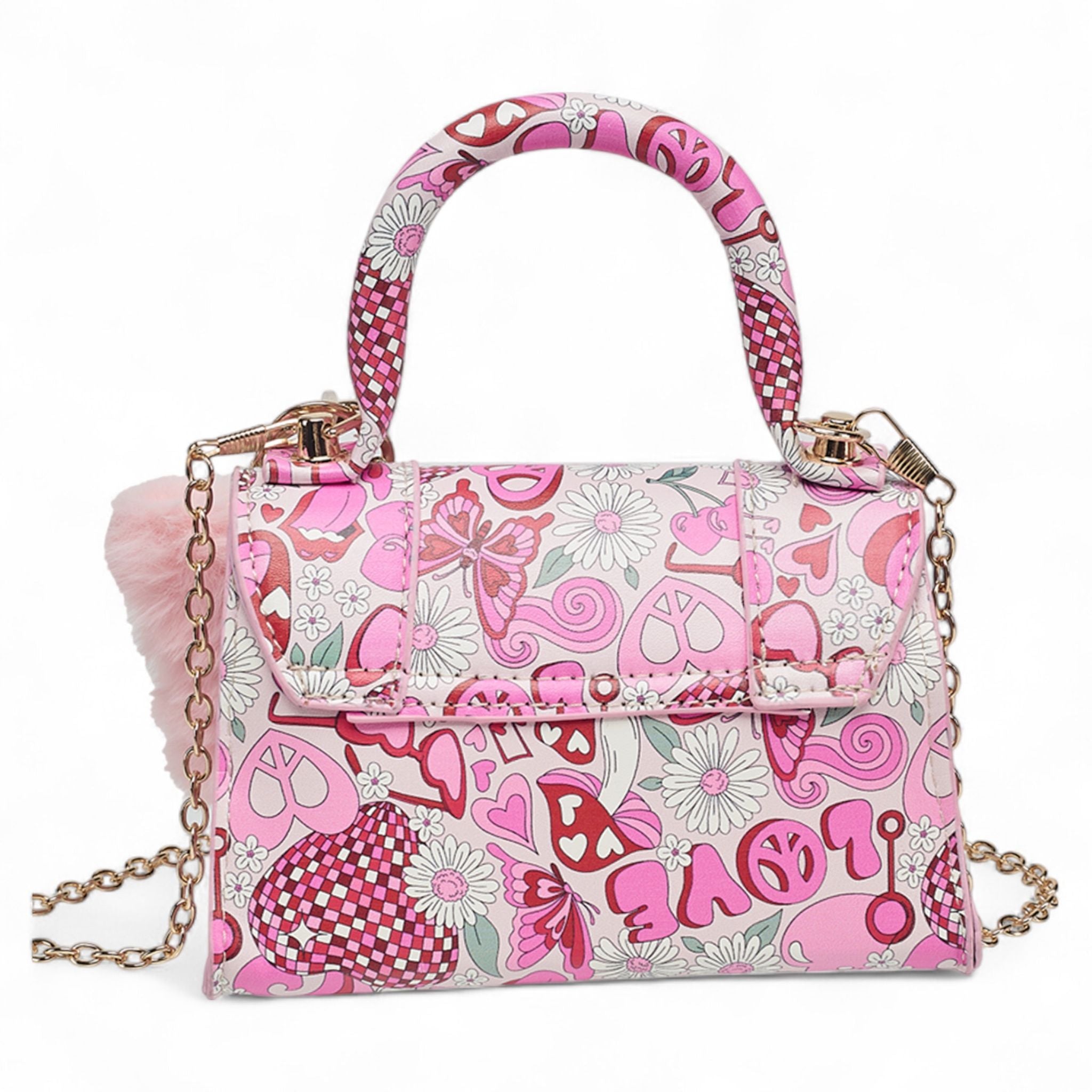Willow & Ruby Girls' Mini Groovy Love & Peace Print Top Handle Crossbody Bag with Fluffy Butterfly Charm