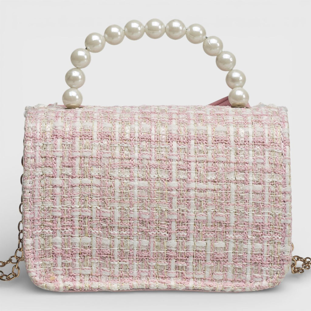 Willow & Ruby Girls' Pink Tweed Bow Crossbody Bag with Pearl Handle