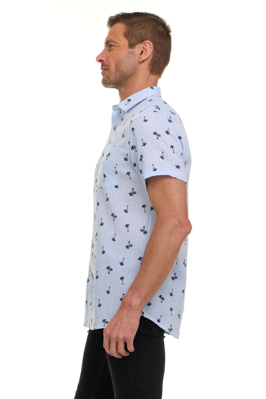 Canada Weather Gear Men’s Seersucker Short Sleeve Shirt with Allover Palm Print – Lightweight Button-Down Casual Shirt