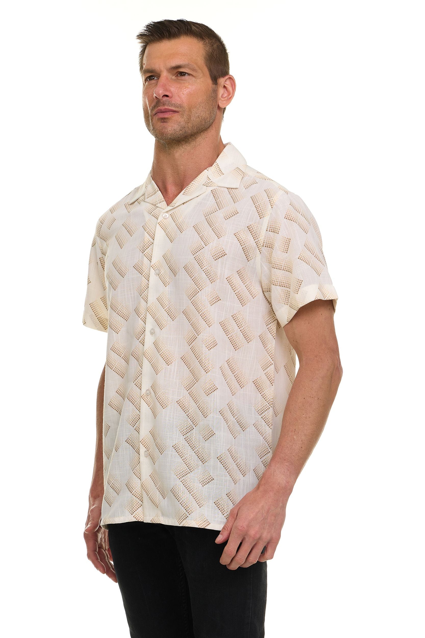 Super Triple Goose Men’s Short Sleeve Linen-Look Resort Shirt – Lightweight Button-Down Camp Shirt with Tropical Prints