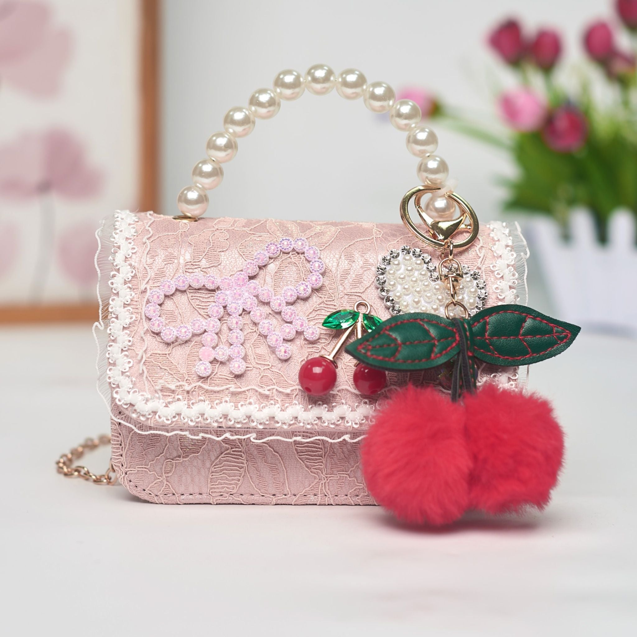 Willow & Ruby Girls' Pink Lace Mini Crossbody Bag with Pearl Handle and Cherry Charm