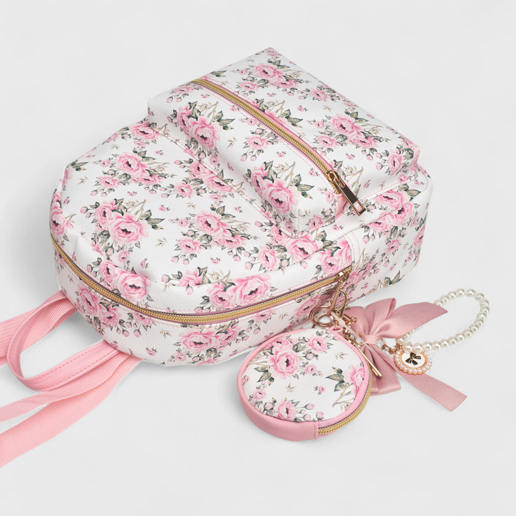 A Little Obsessed Girl's Floral Garden Party Backpack Set with Matching Coin Purse & Pearl Keychain – Cute Mini Backpack for Kids