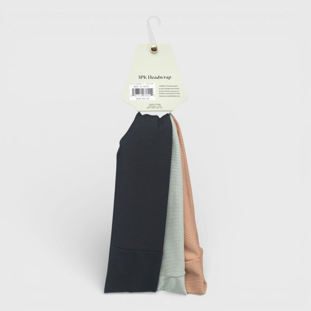Hair Essentials 3pk Ribbed Headwraps in Camel, Sage Green, and Black