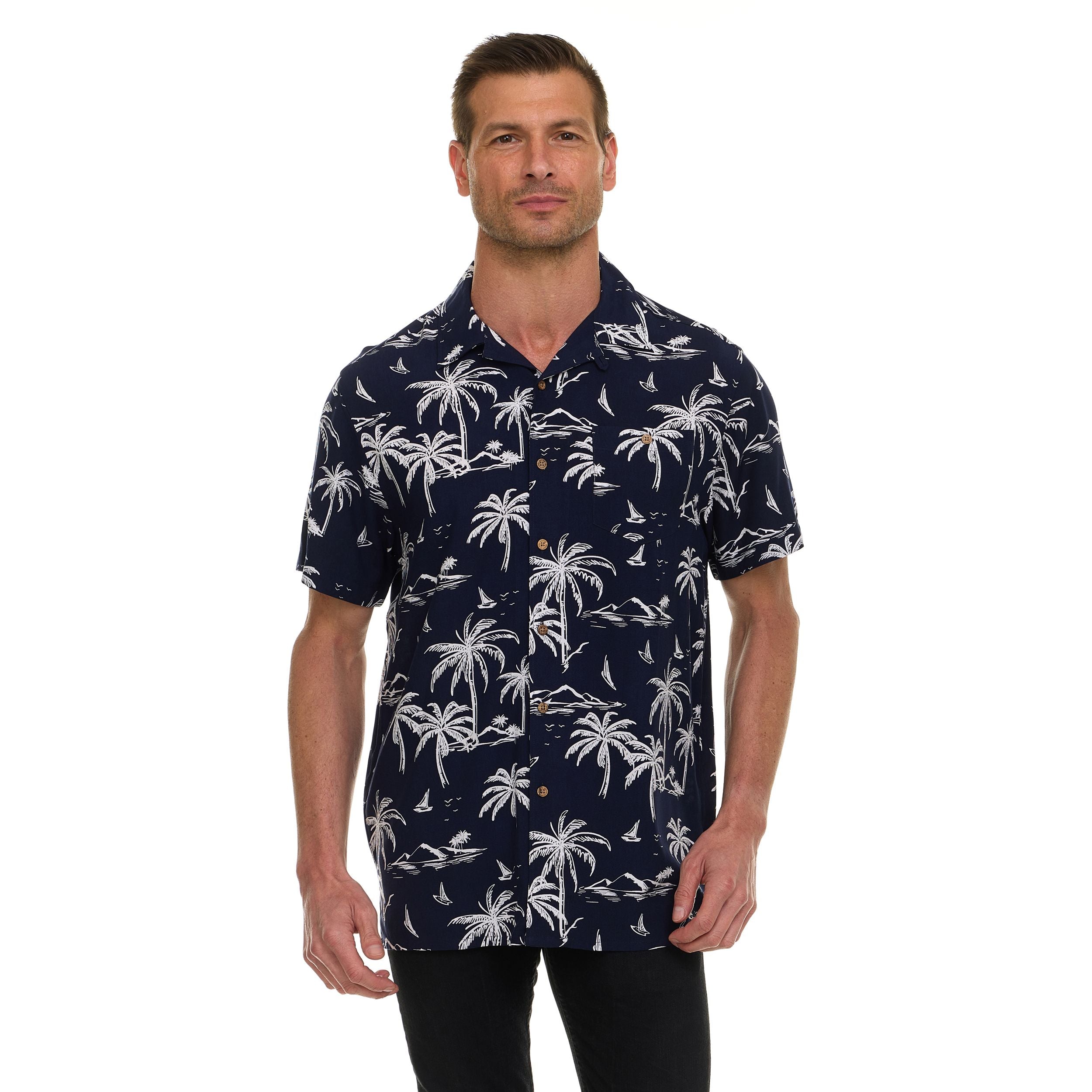Super Triple Goose Men’s Printed Rayon Camp Collar Shirt - Soft Feel, Moisture-Wicking, Easy Care