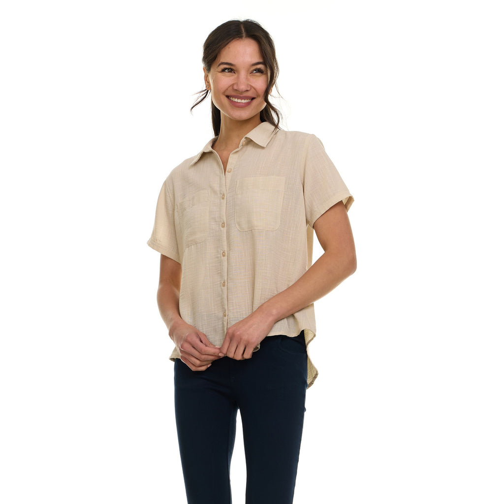 Super Triple Goose Women’s Short Sleeve Linen Shirt – Lightweight Button-Up Collared Blouse with Front Pockets