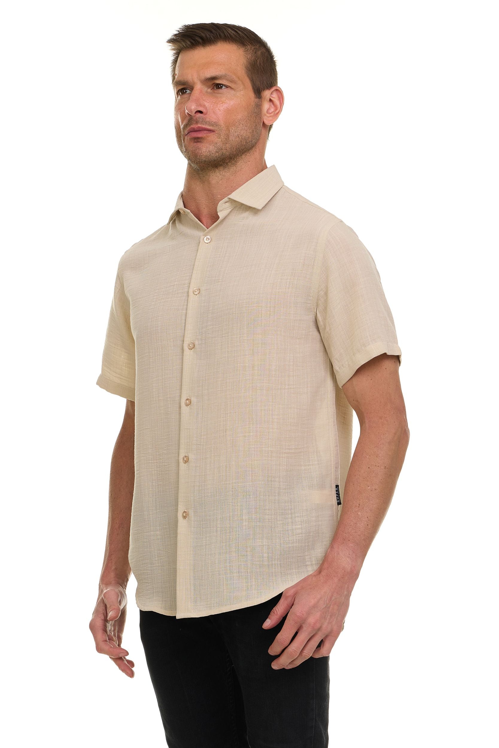 Canada Weather Gear Men’s Linen Look Short Sleeve Button-Up Shirt – Lightweight Collared Casual Shirt for Summer