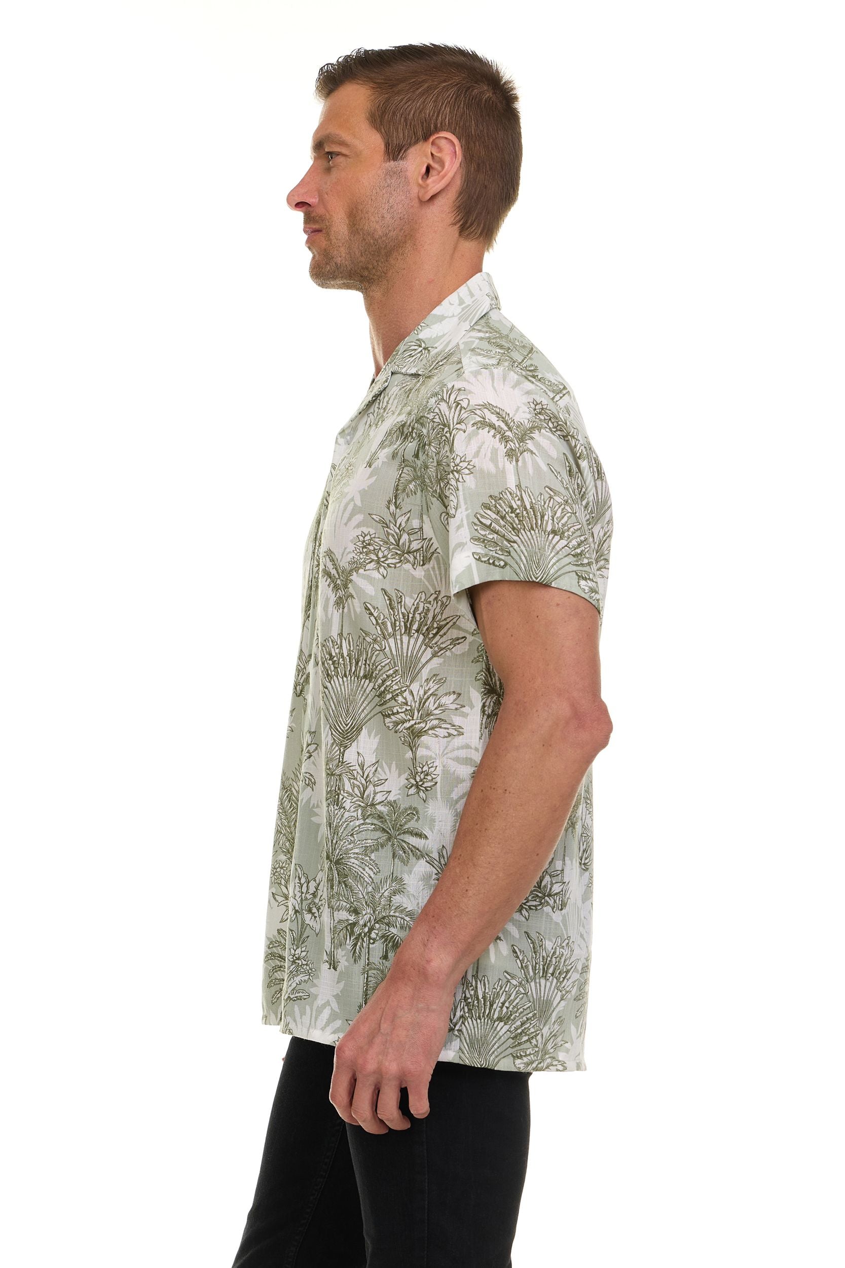 Super Triple Goose Men’s Short Sleeve Linen-Look Resort Shirt – Lightweight Button-Down Camp Shirt with Tropical Prints