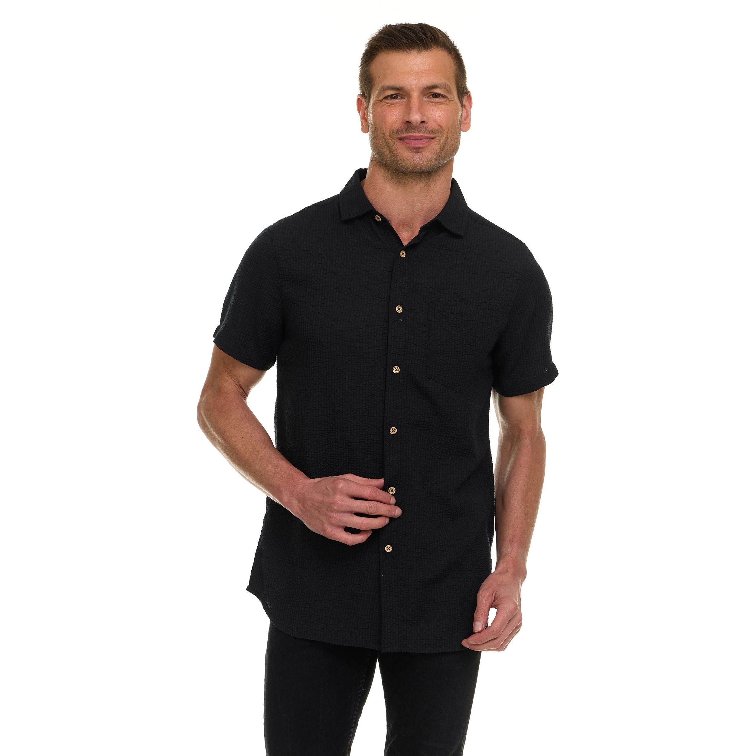 Canada Weather Gear Men’s Seersucker Button-Down Shirt – Short Sleeve Solid Textured Short Sleeve Shirt with Chest Pocket