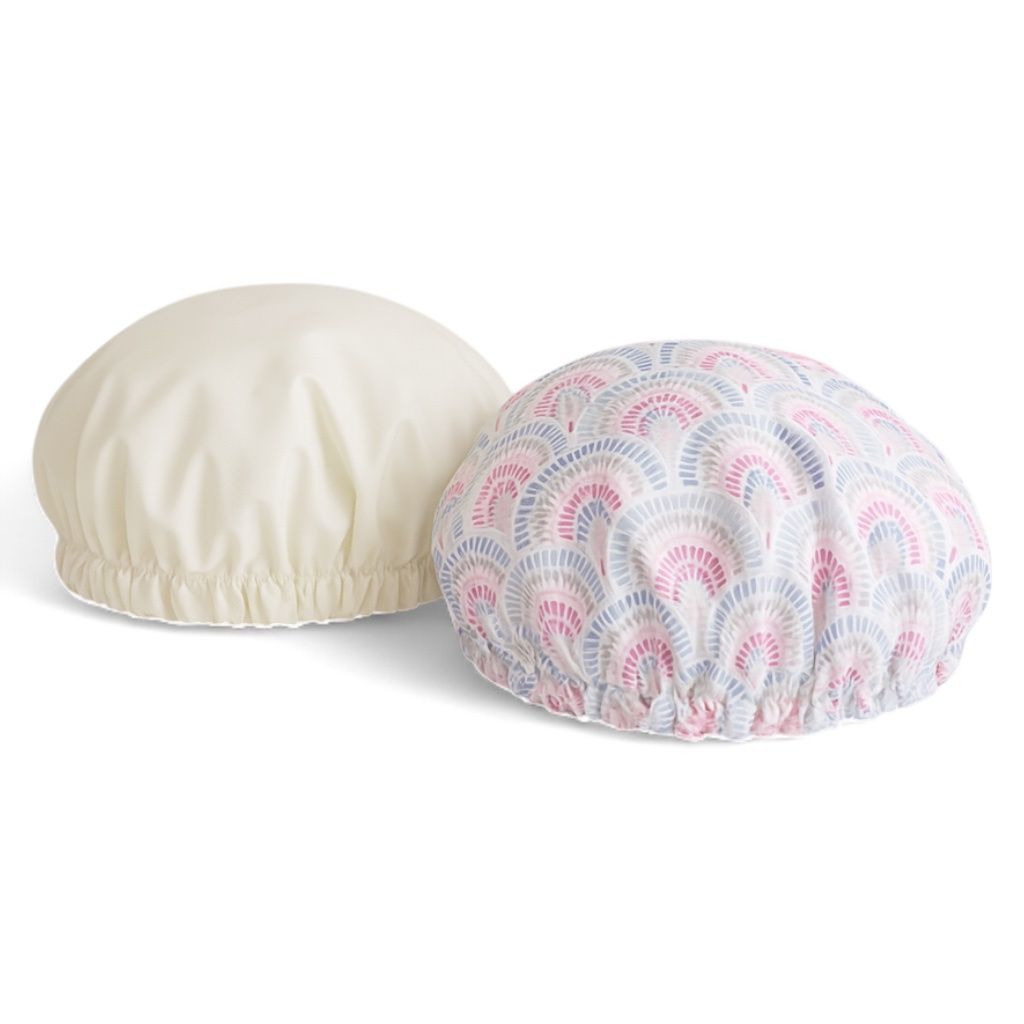 Spa Essentials 2-Pack Shower Caps – Reversible Waterproof Caps with Stylish Patterns & Solid Colors – Hair Protection
