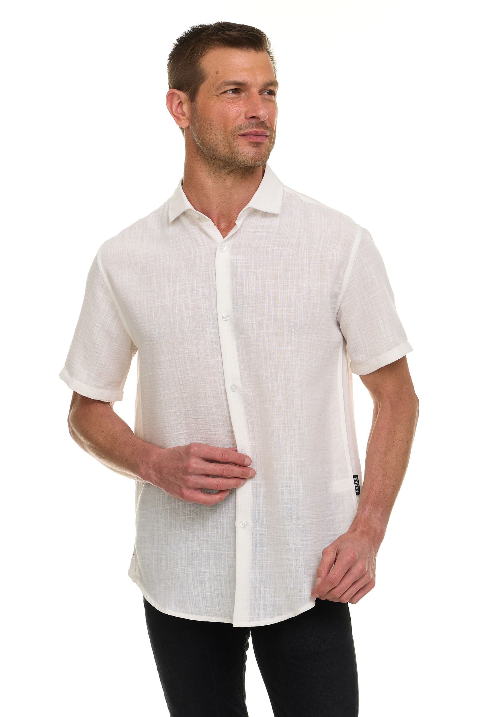 Canada Weather Gear Men’s Linen Look Short Sleeve Button-Up Shirt – Lightweight Collared Casual Shirt for Summer