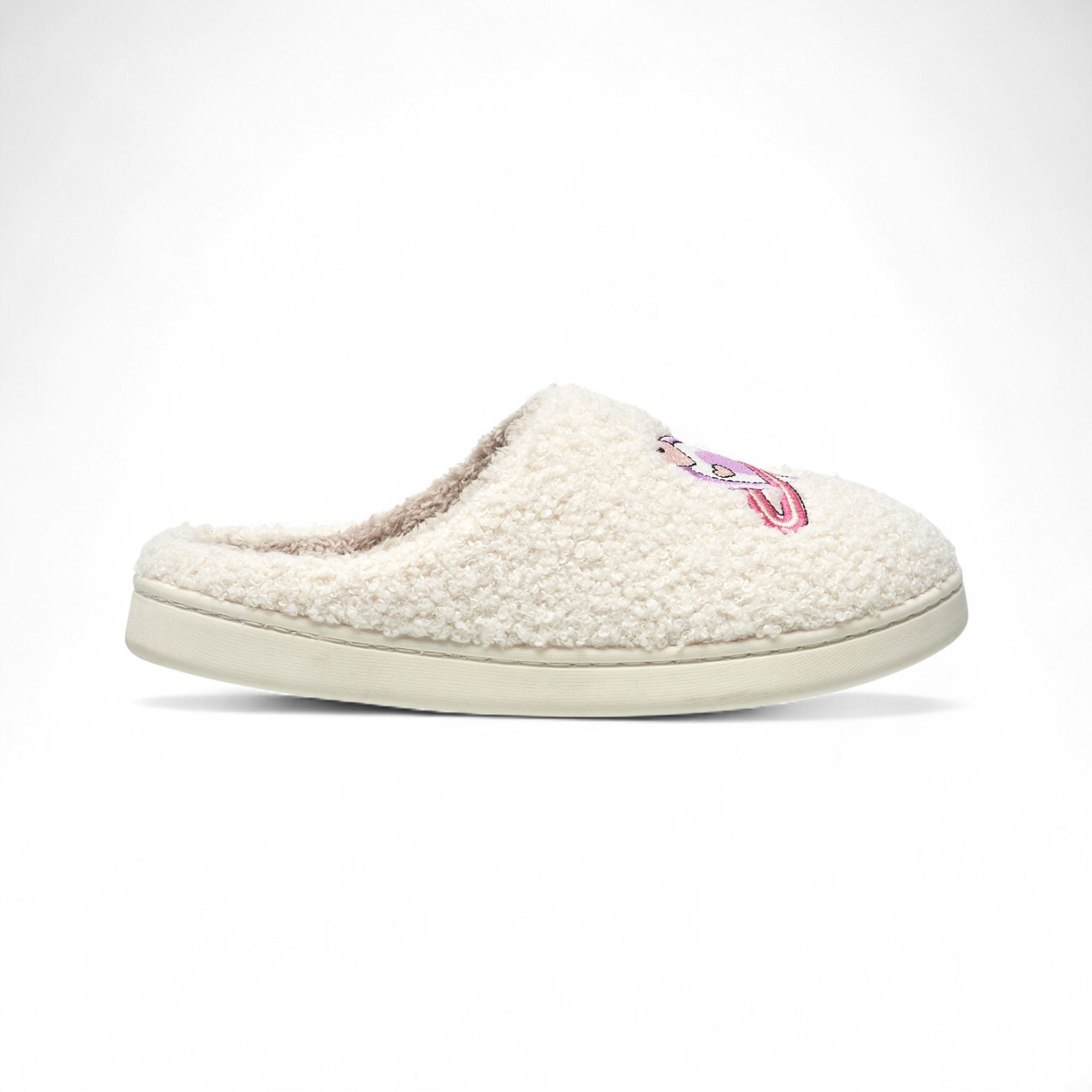 Aéropostale Women’s Fuzzy “Pink Heart-Planet” Mule Slippers – Ivory Slip-On House Shoes with Pastel Planet-Heart Embroidery