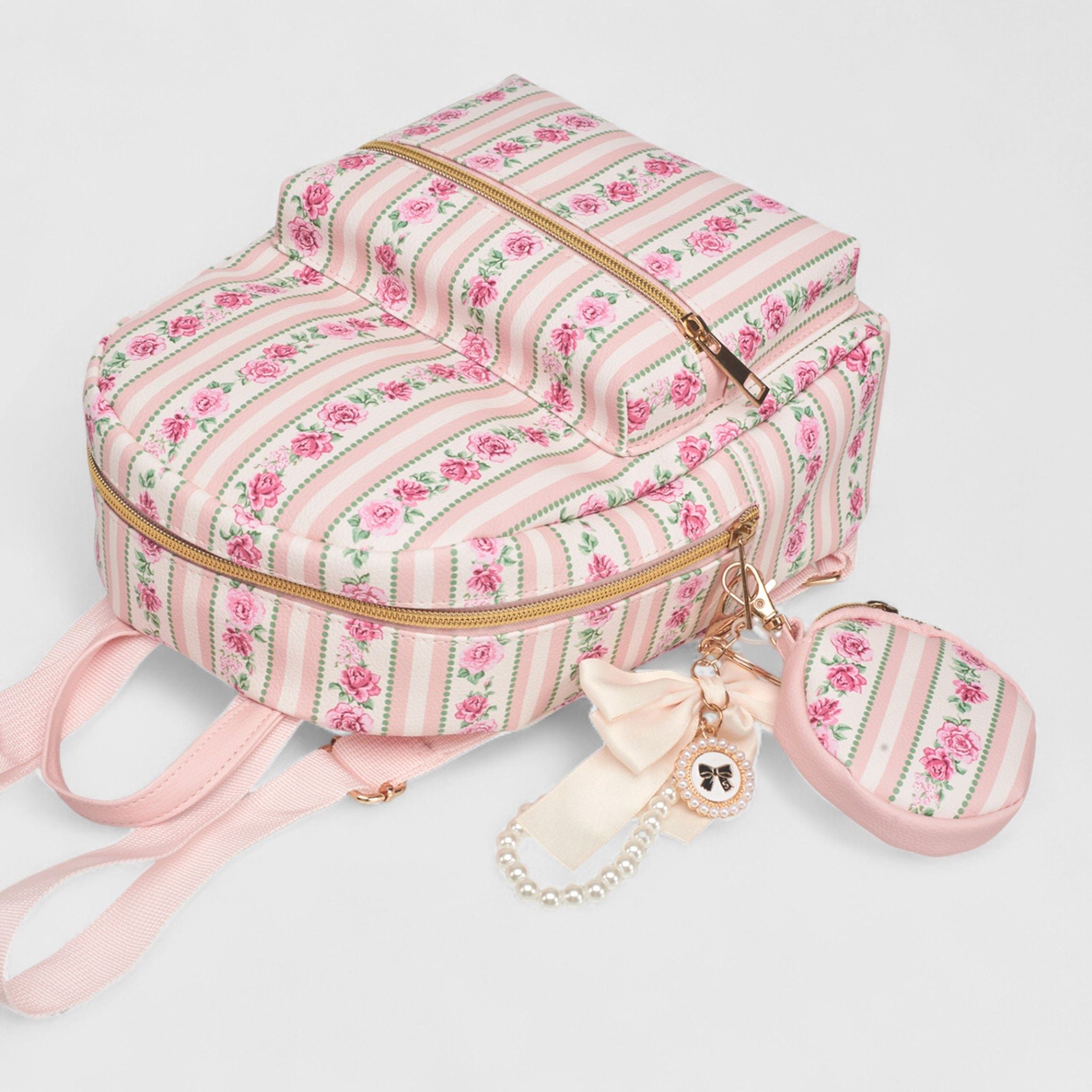 A Little Obsessed Girl's Floral Garden Party Backpack Set with Matching Coin Purse & Pearl Keychain – Cute Mini Backpack for Kids