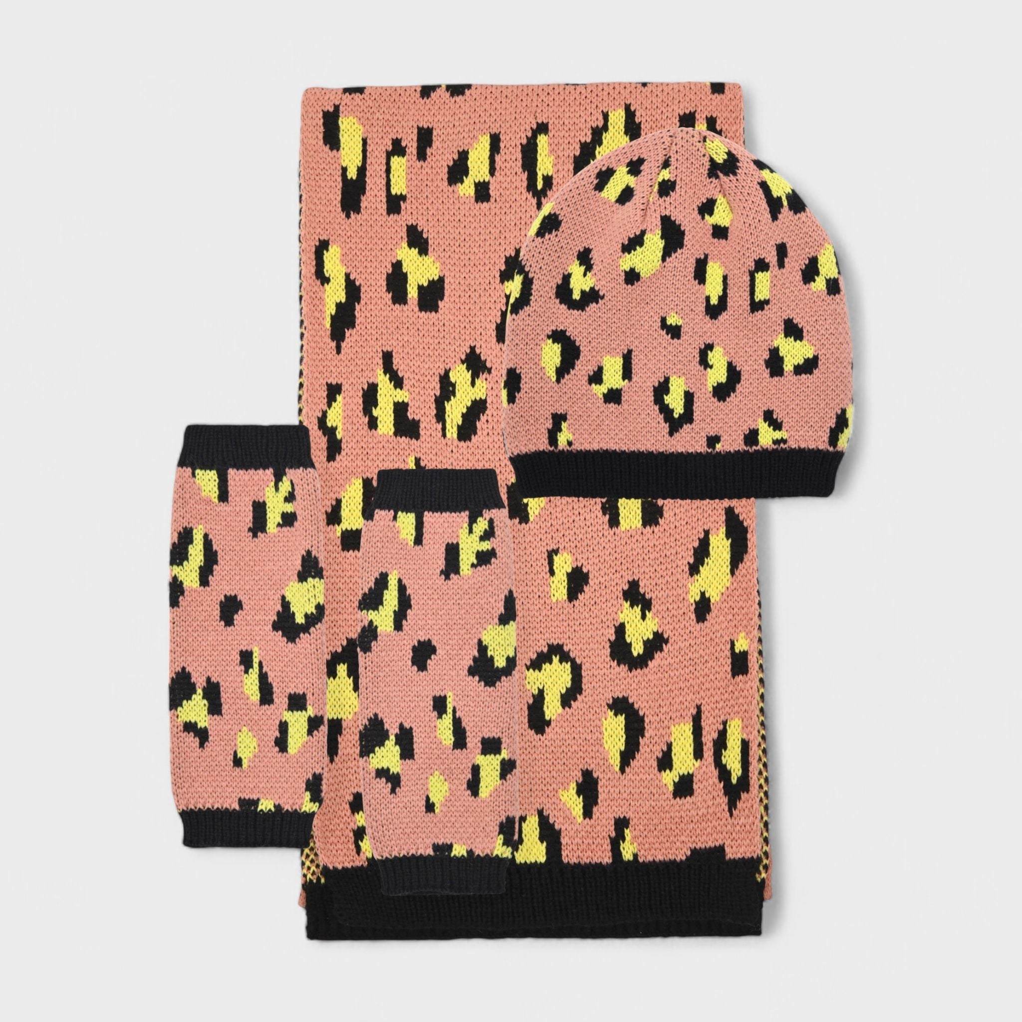 French Connection Women's 3-Piece Leopard Print Winter Set - Beanie, Scarf, & Leg Warmers