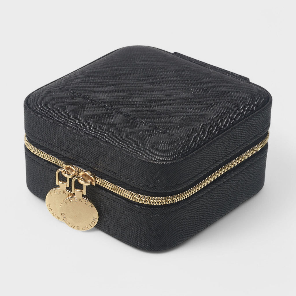 French Connection Small Travel Accessory Organizer with Mirror – Compact Jewelry Storage Box, Faux Leather