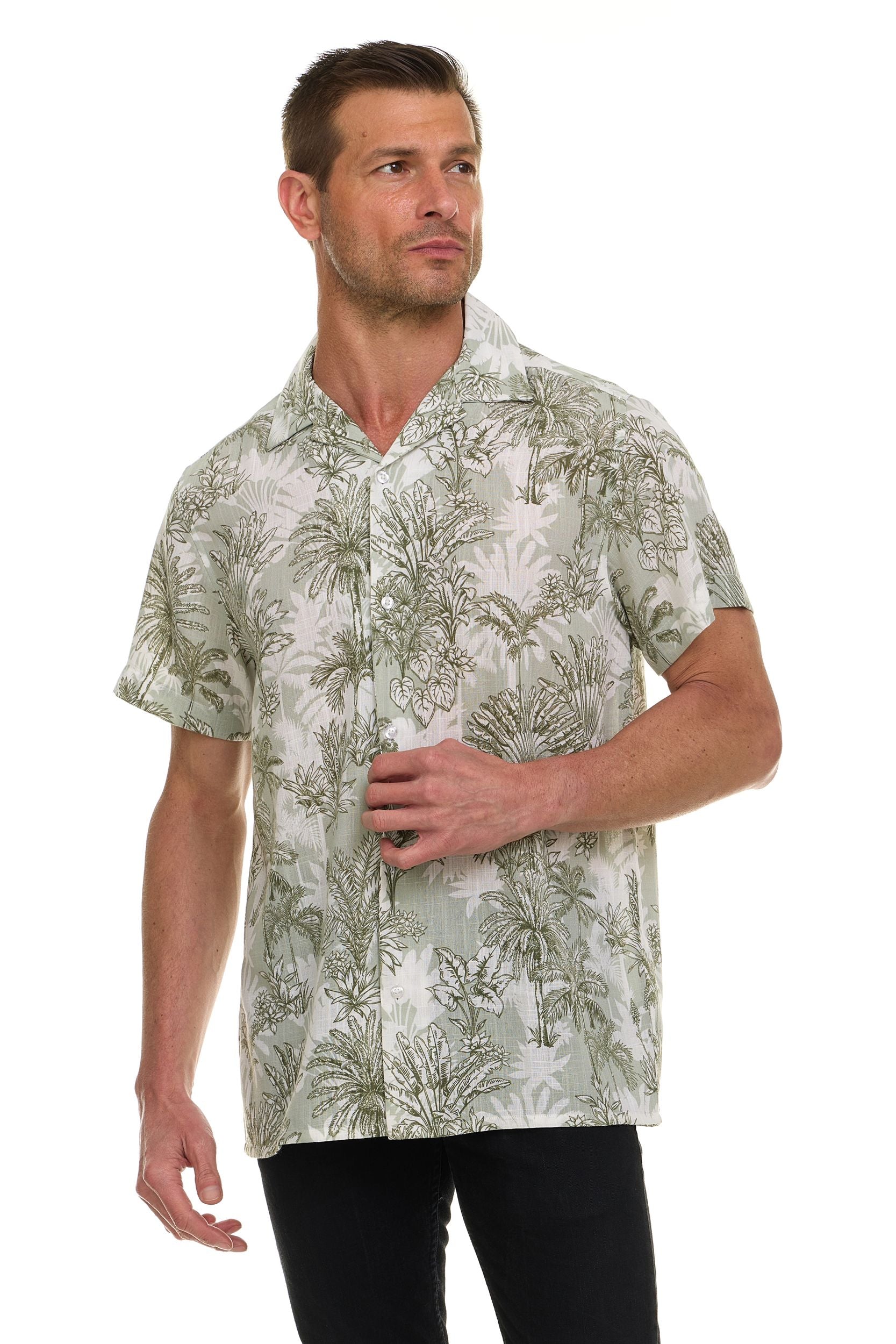 Super Triple Goose Men’s Short Sleeve Linen-Look Resort Shirt – Lightweight Button-Down Camp Shirt with Tropical Prints