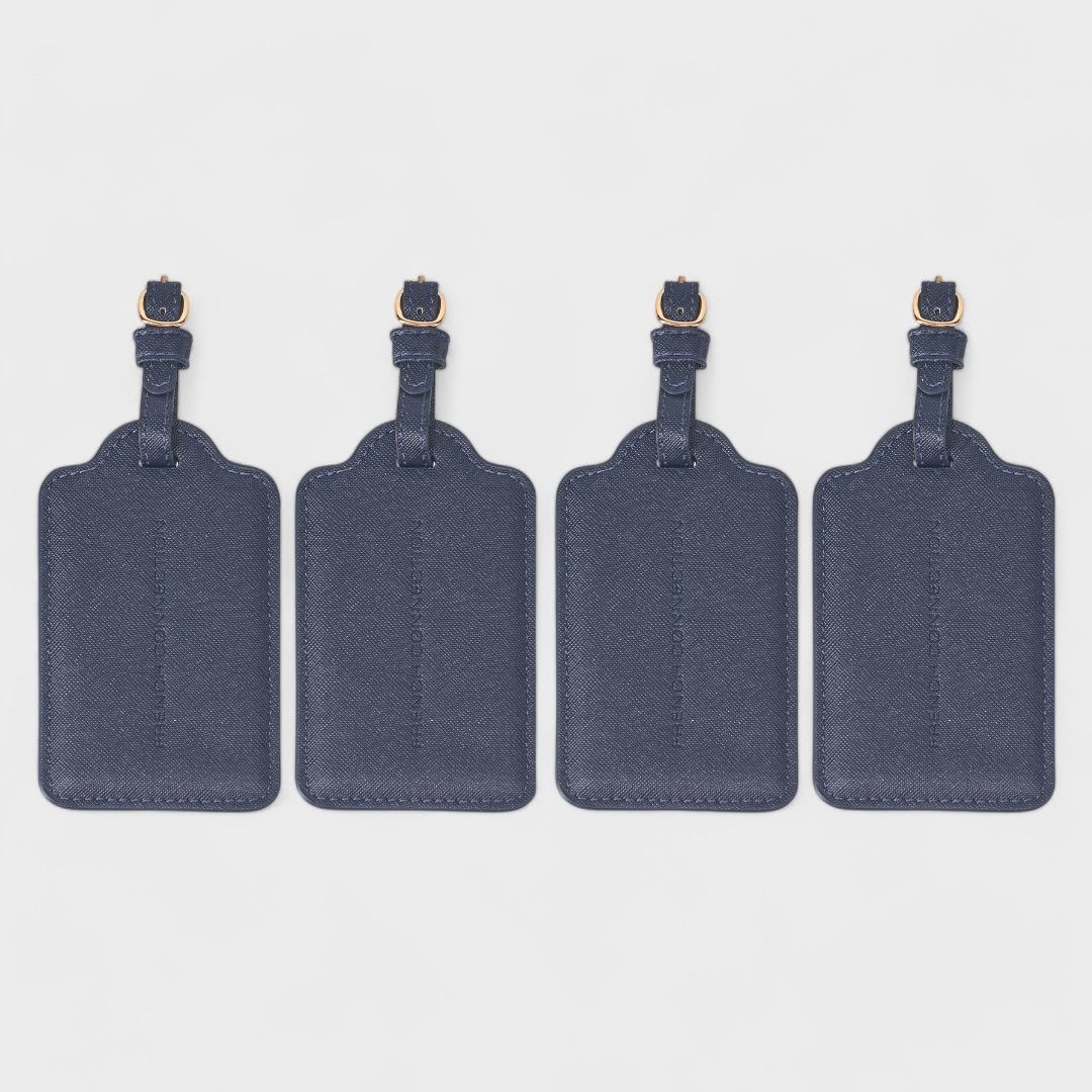 French Connection 4-Pack Premium Luggage Tags - Durable Faux Leather Travel ID Labels with Secure Buckle
