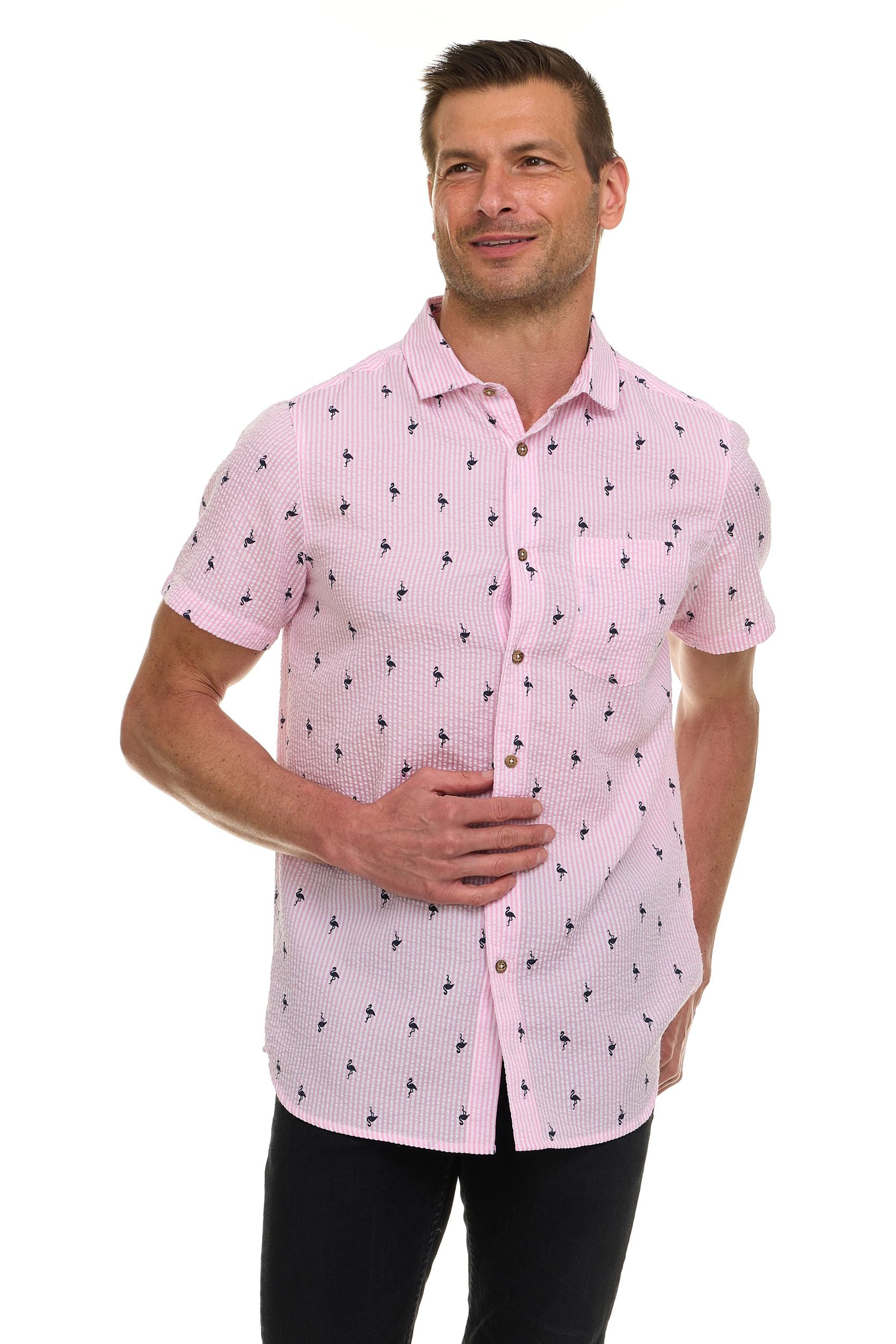 Canada Weather Gear Men’s Seersucker Short Sleeve Shirt with Allover Palm Print – Lightweight Button-Down Casual Shirt