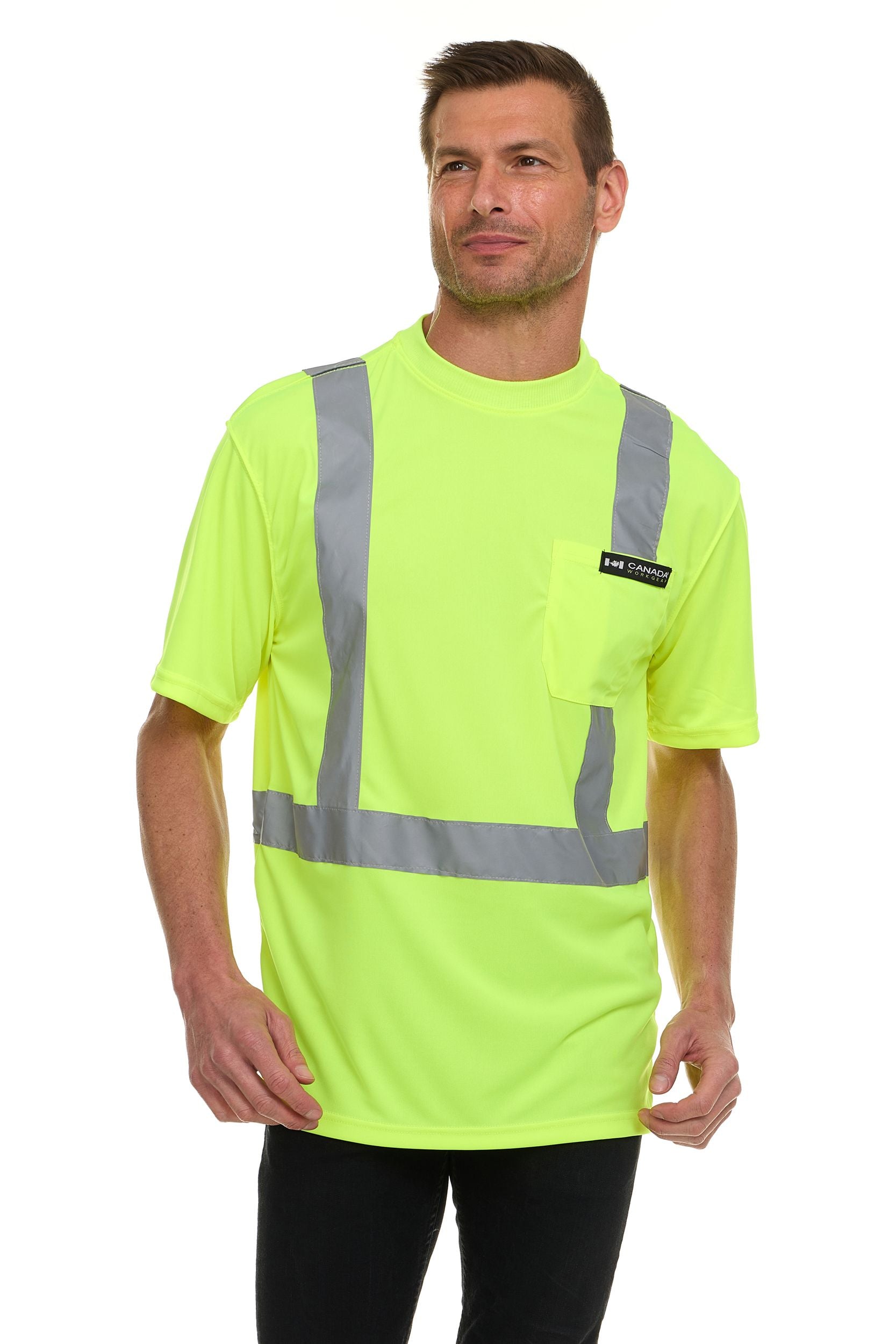 Canada Weather Gear Men’s High Visibility Safety Tee – Reflective Short Sleeve Work Shirt – Lightweight & Breathable