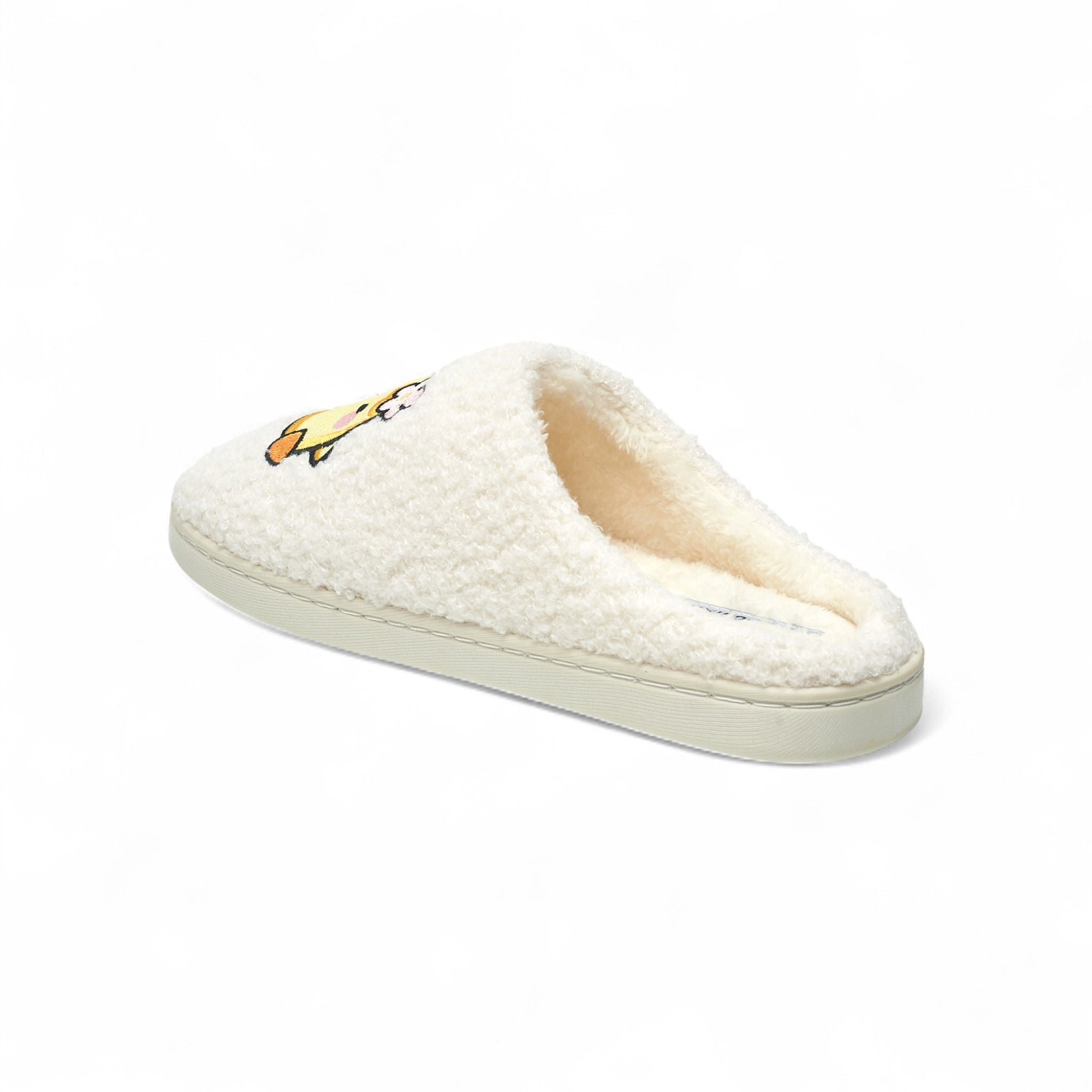 Aéropostale Women’s Fuzzy Chick Mule Slippers – Ivory Slip-On House Shoes with Yellow Embroidered Chick & Flower
