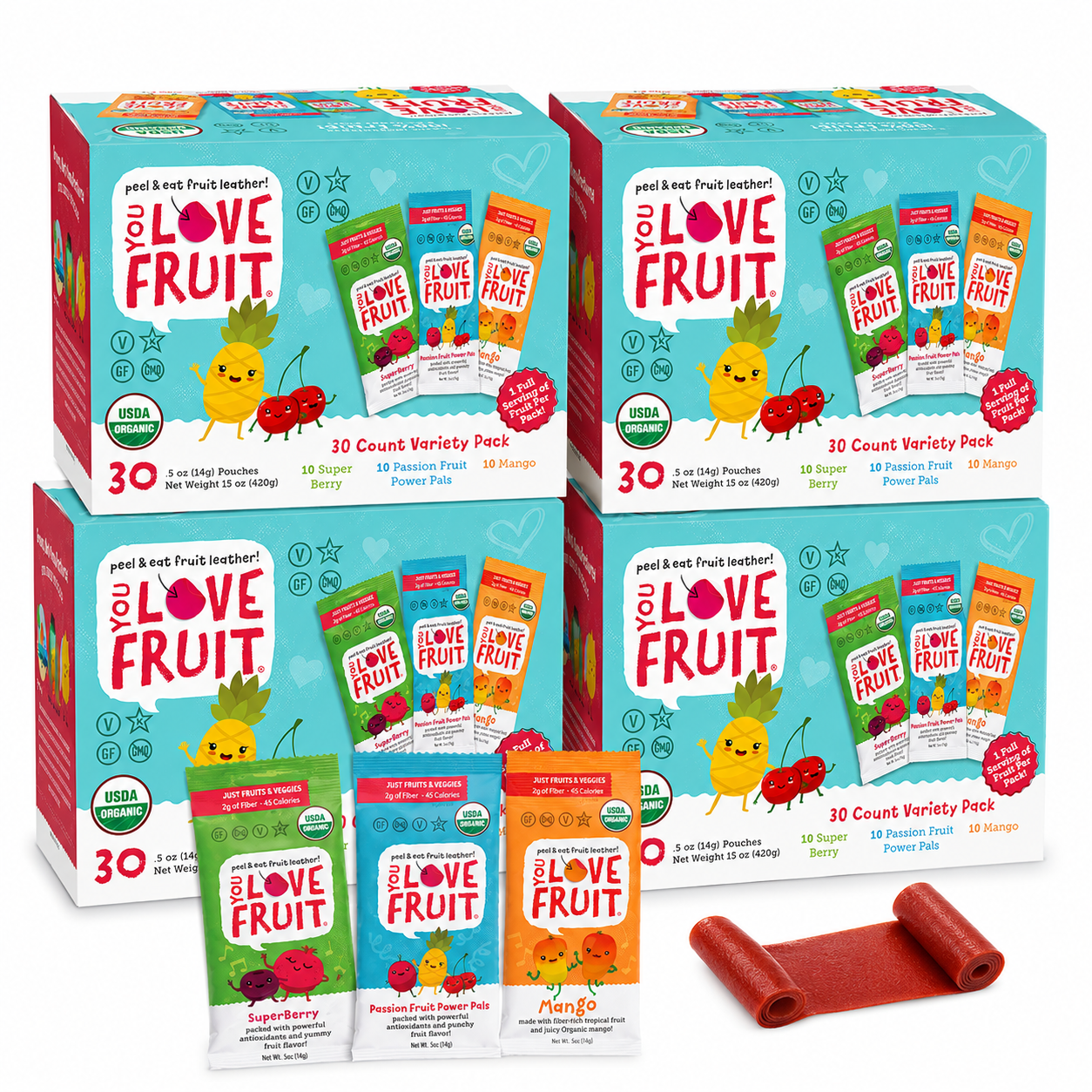 YOU LOVE FRUIT Organic Fruit Snacks — 120 Count Case (4 × 30-Count Variety Boxes)