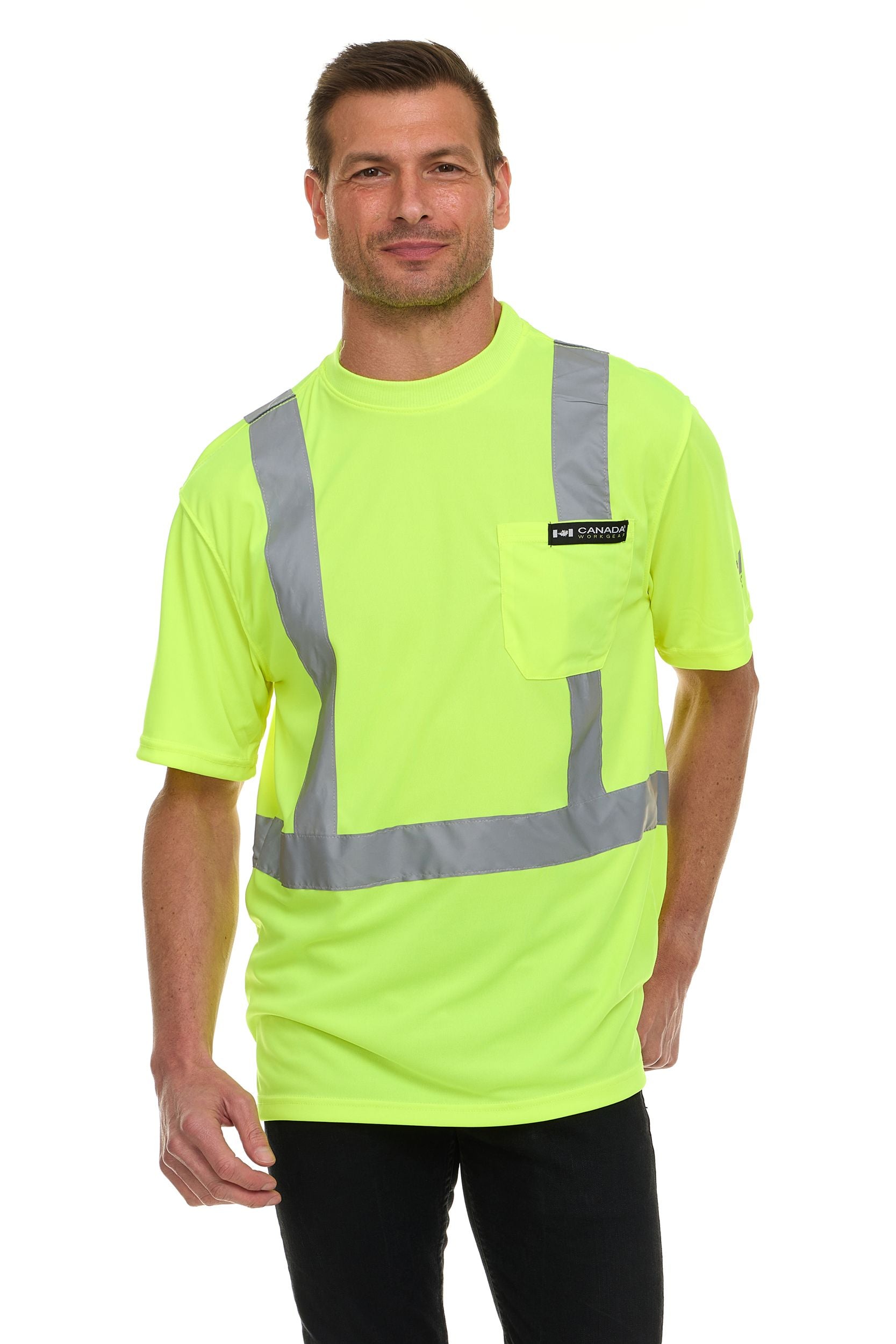 Canada Weather Gear Men’s High Visibility Safety Tee – Reflective Short Sleeve Work Shirt – Lightweight & Breathable