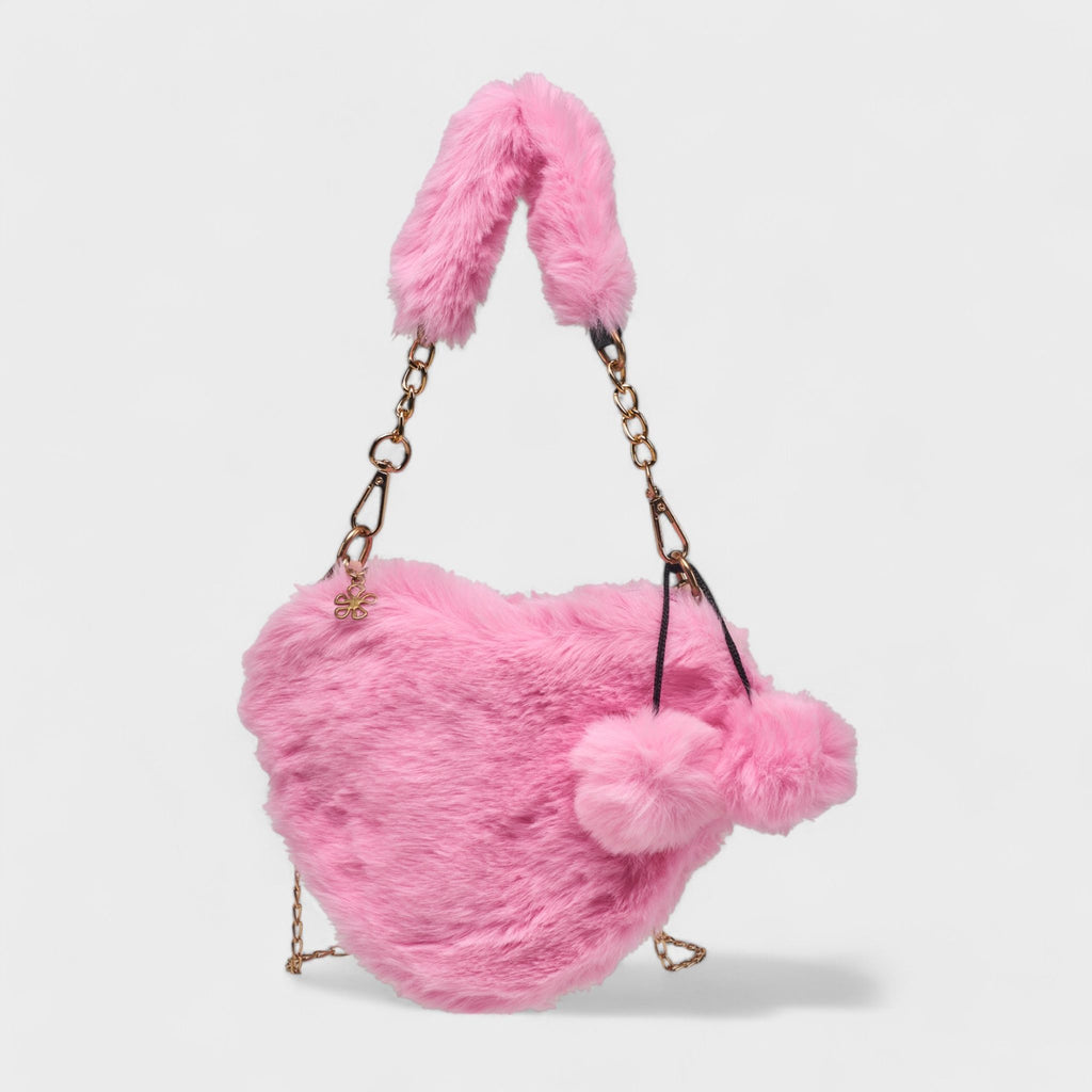 Willow & Ruby Girls Pink Plush Fuzzy Heart Bag - Adorable Soft Faux Fur Shoulder Bag with Chain Strap and Pom-Poms, Perfect for Kids & Tweens