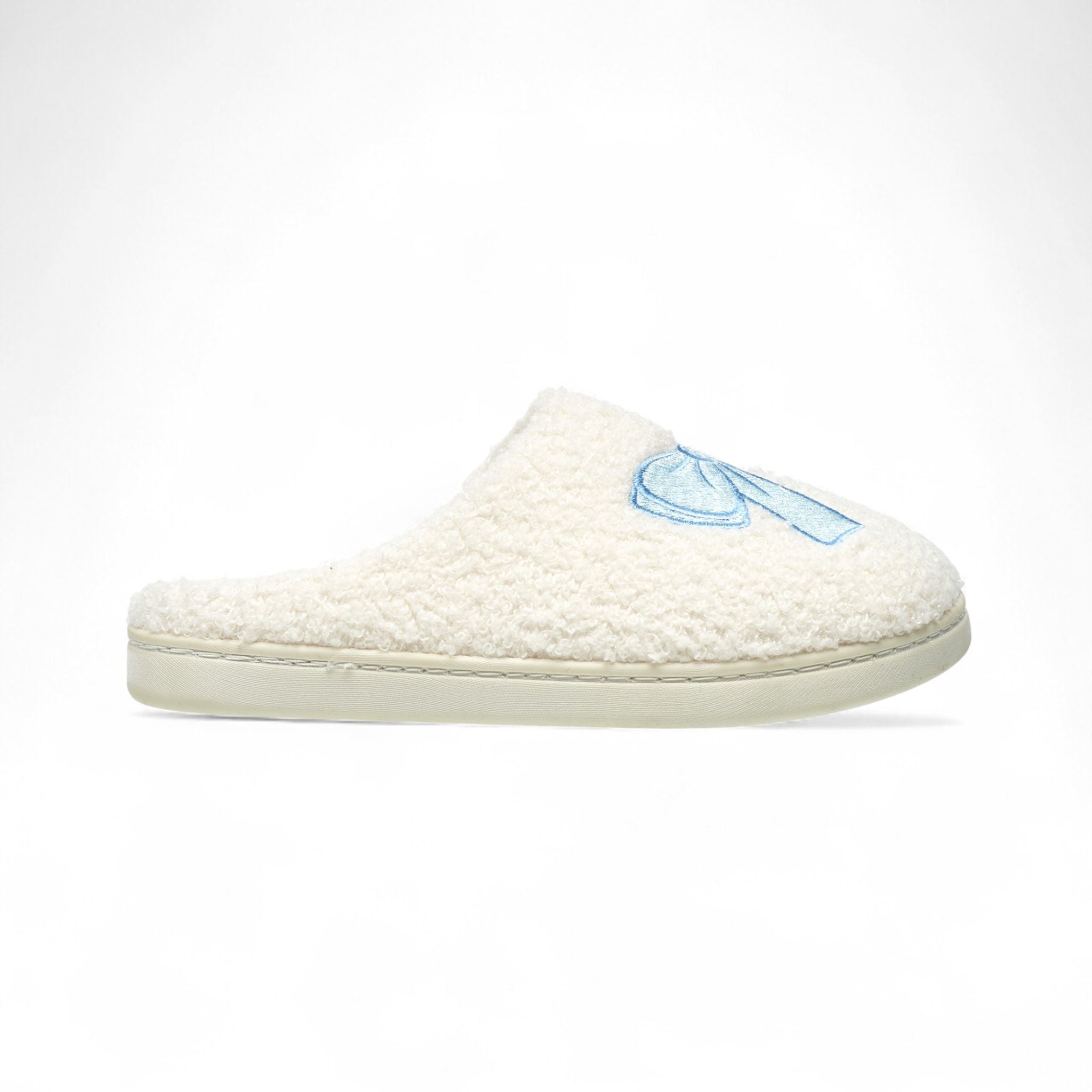 Aéropostale Women’s Fuzzy Pile High Fleece Bow Mule Slippers – Ivory Slip-On House Shoes with Light-Blue Embroidered Bow