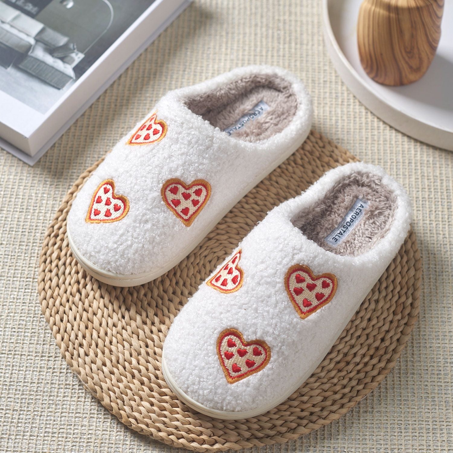Aéropostale Women’s Fuzzy Pizza-Heart Mule Slippers – Ivory Slip-On House Shoes with Pepperoni Heart Embroidery & Non-Slip Outsole in Large